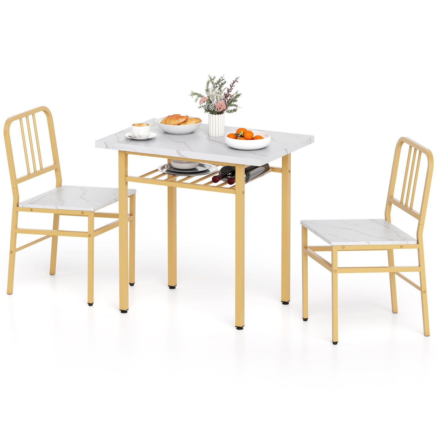 3-Piece Dining Table Set with 2 Chairs and Storage Shelf