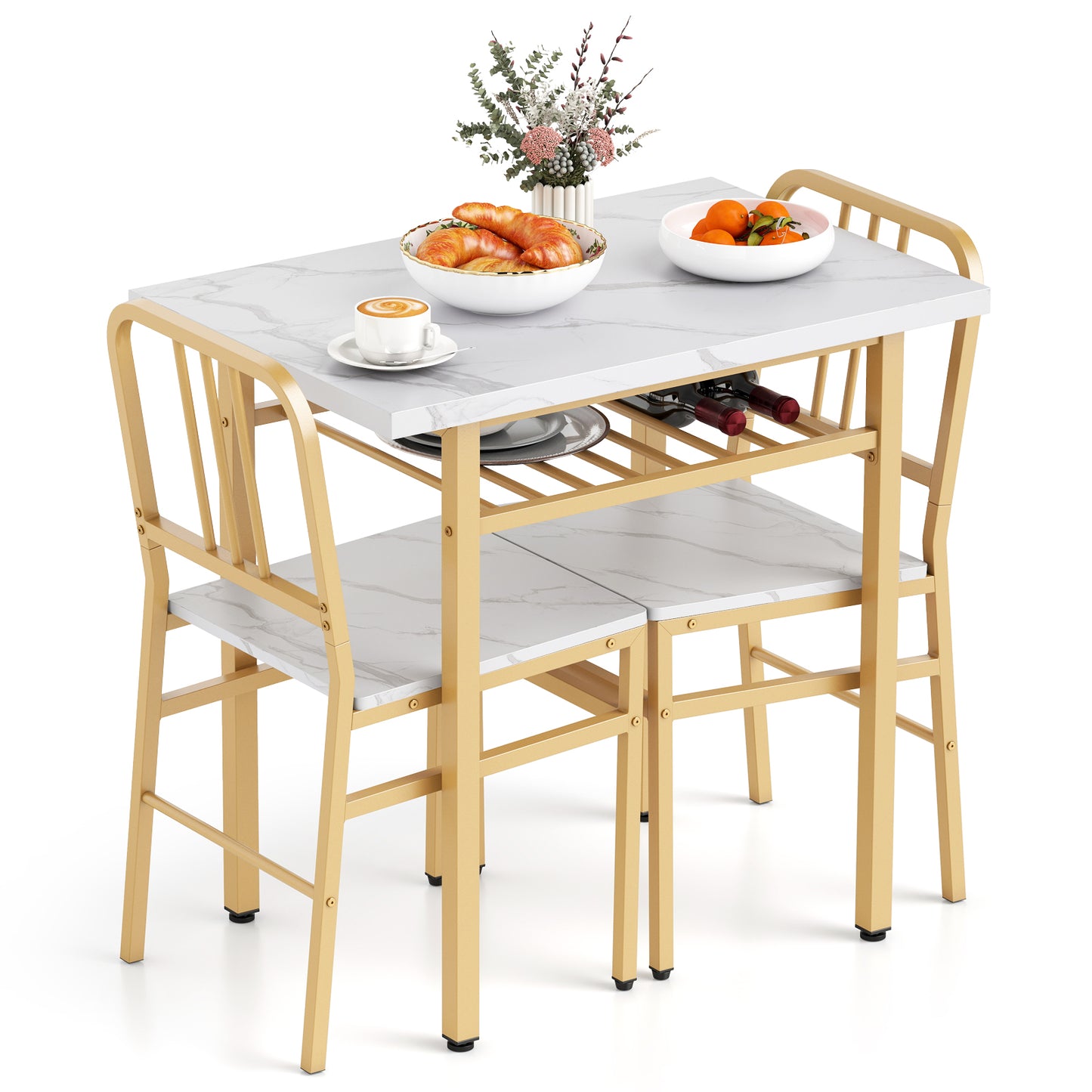 3-Piece Dining Table Set with 2 Chairs and Storage Shelf