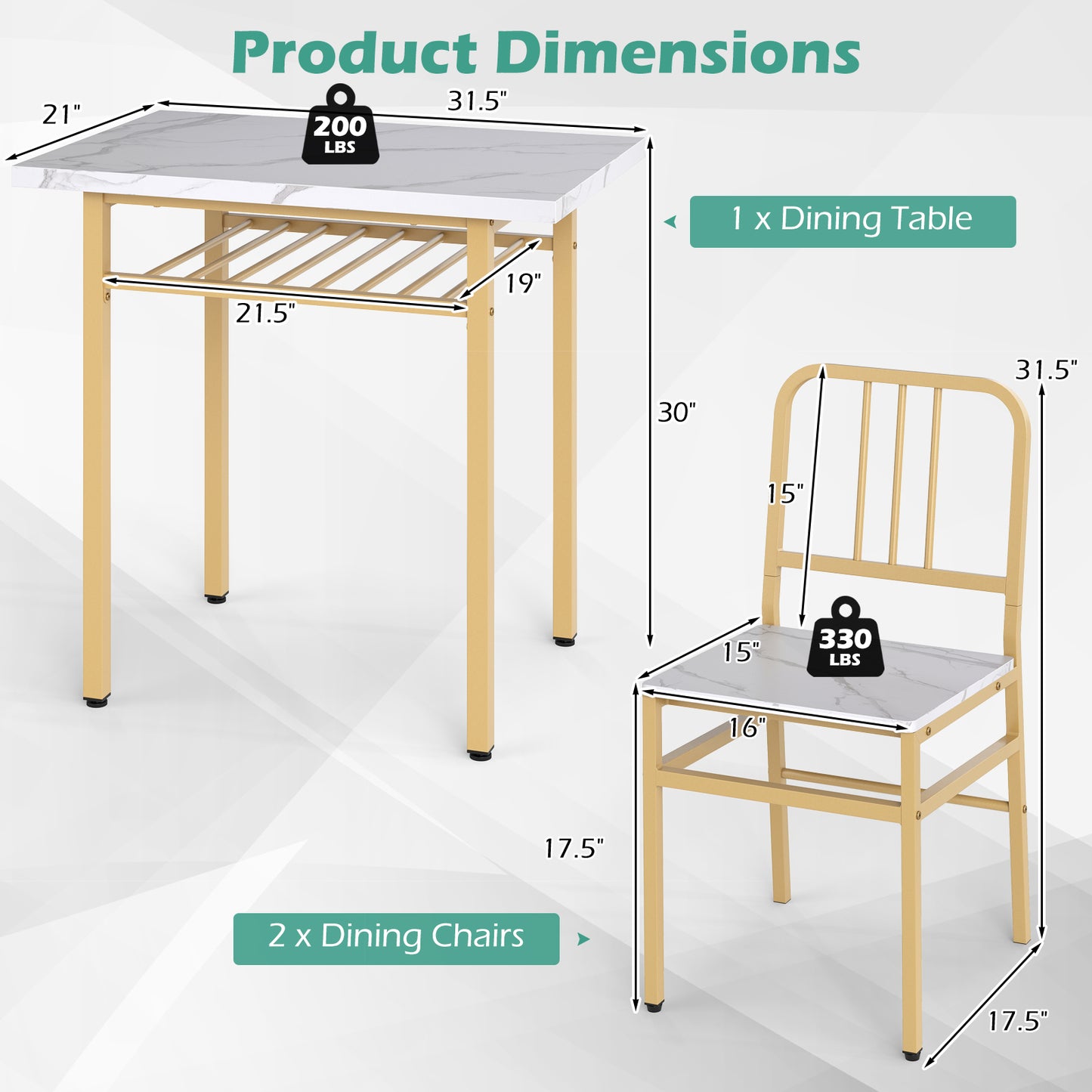 3-Piece Dining Table Set with 2 Chairs and Storage Shelf