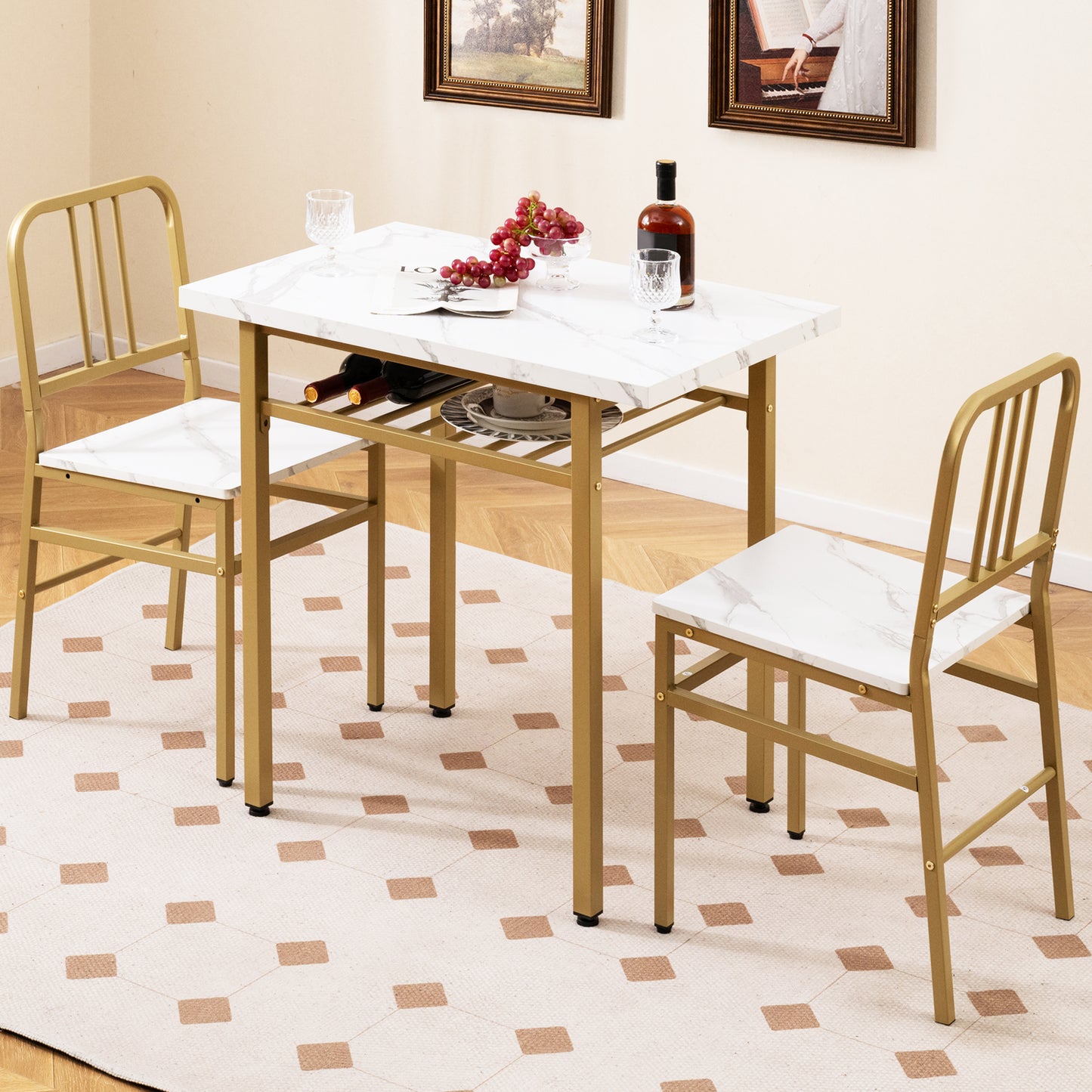 3-Piece Dining Table Set with 2 Chairs and Storage Shelf