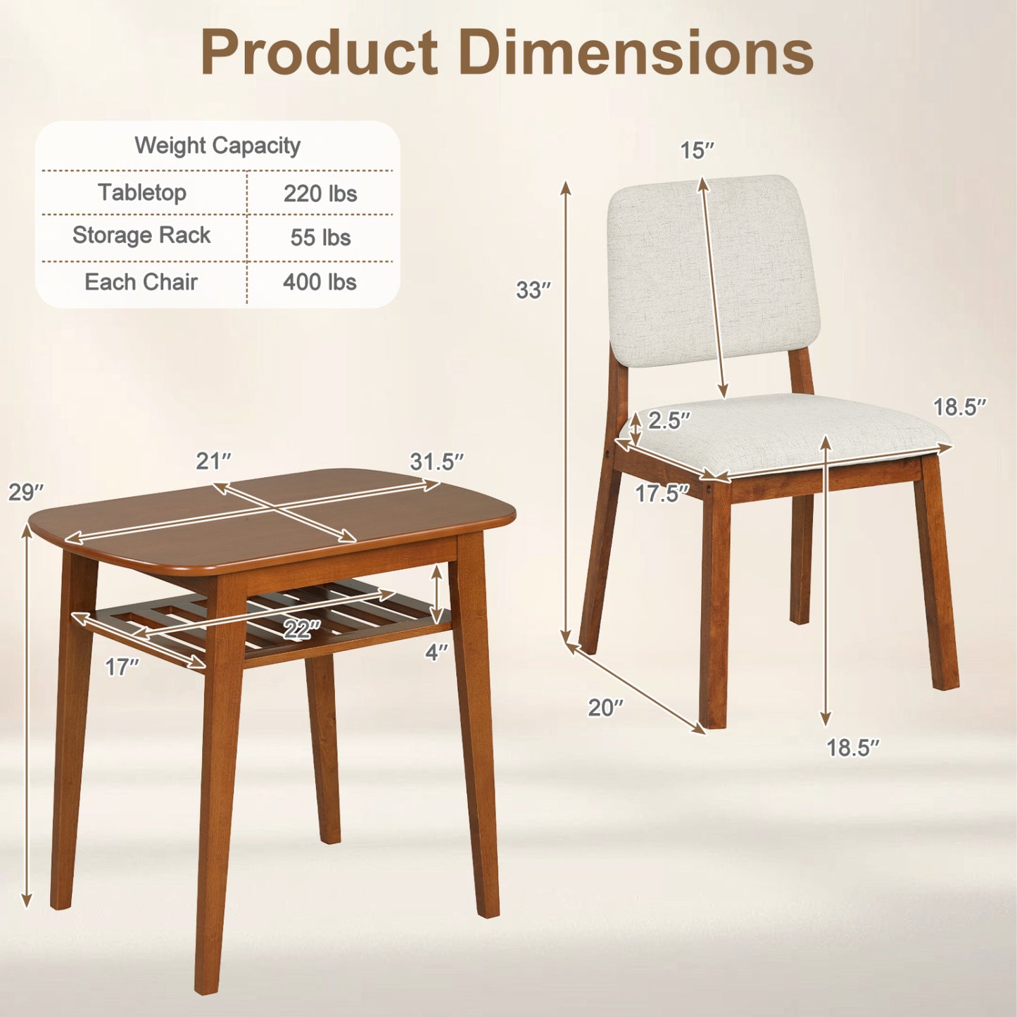 3-Piece Dining Table Set for 2 with Upholstered Chairs