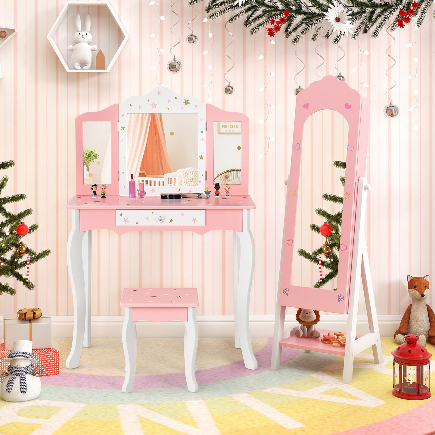 Kids Vanity Set with Jewelry Armoire and Full-Length Mirror