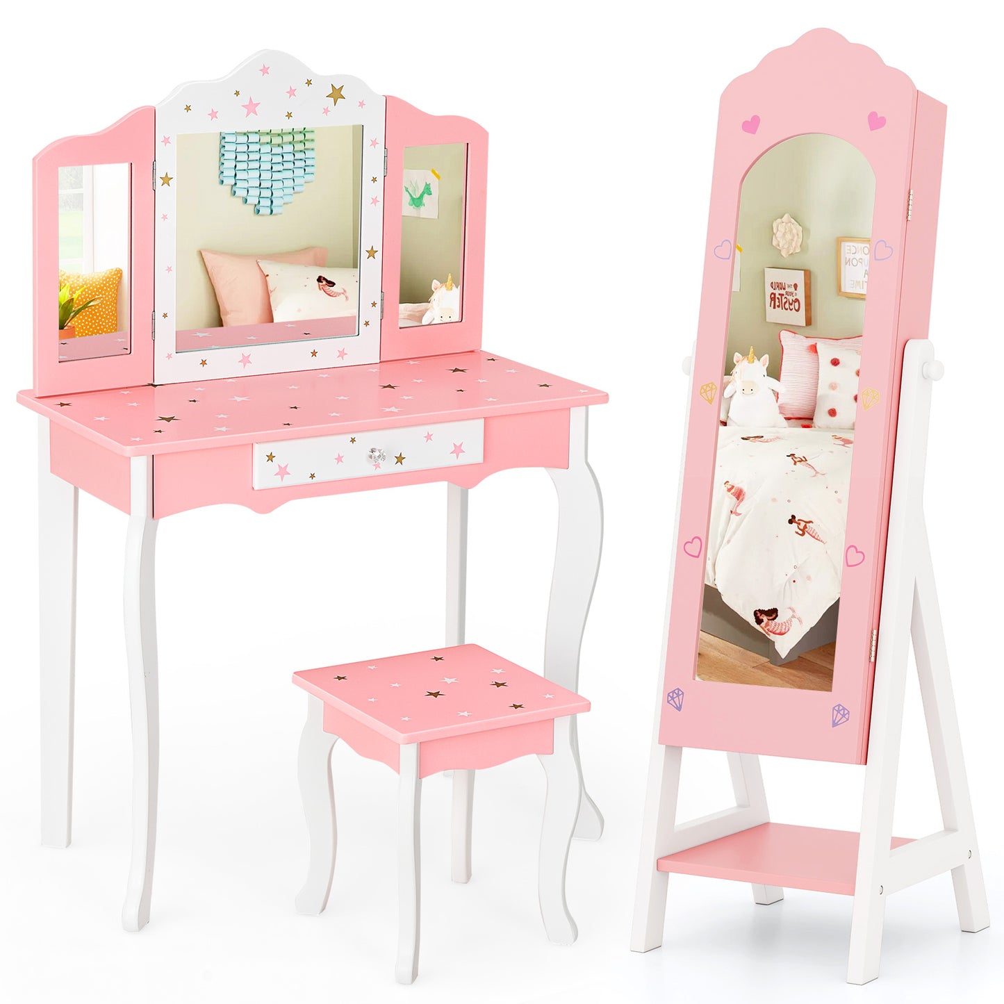 Kids Vanity Set with Jewelry Armoire and Full-Length Mirror