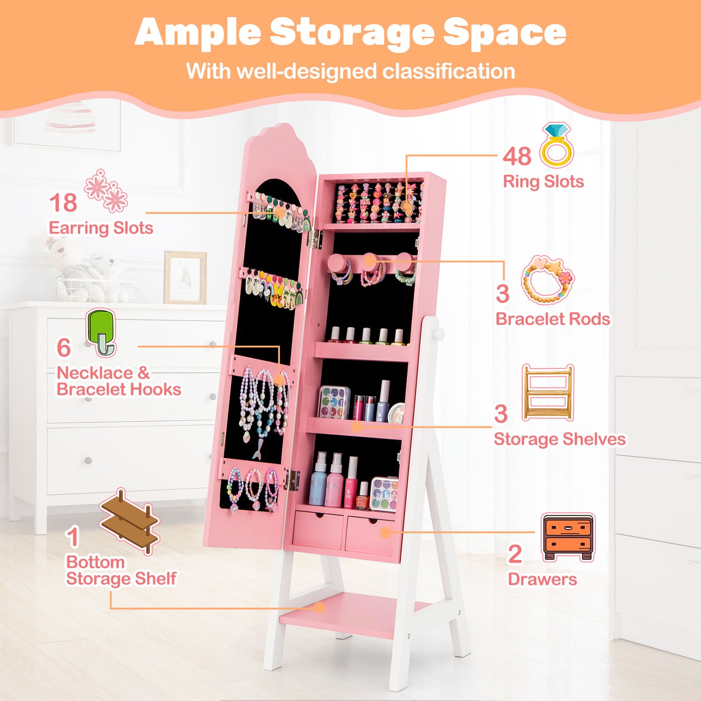 Kids Vanity Set with Jewelry Armoire and Full-Length Mirror