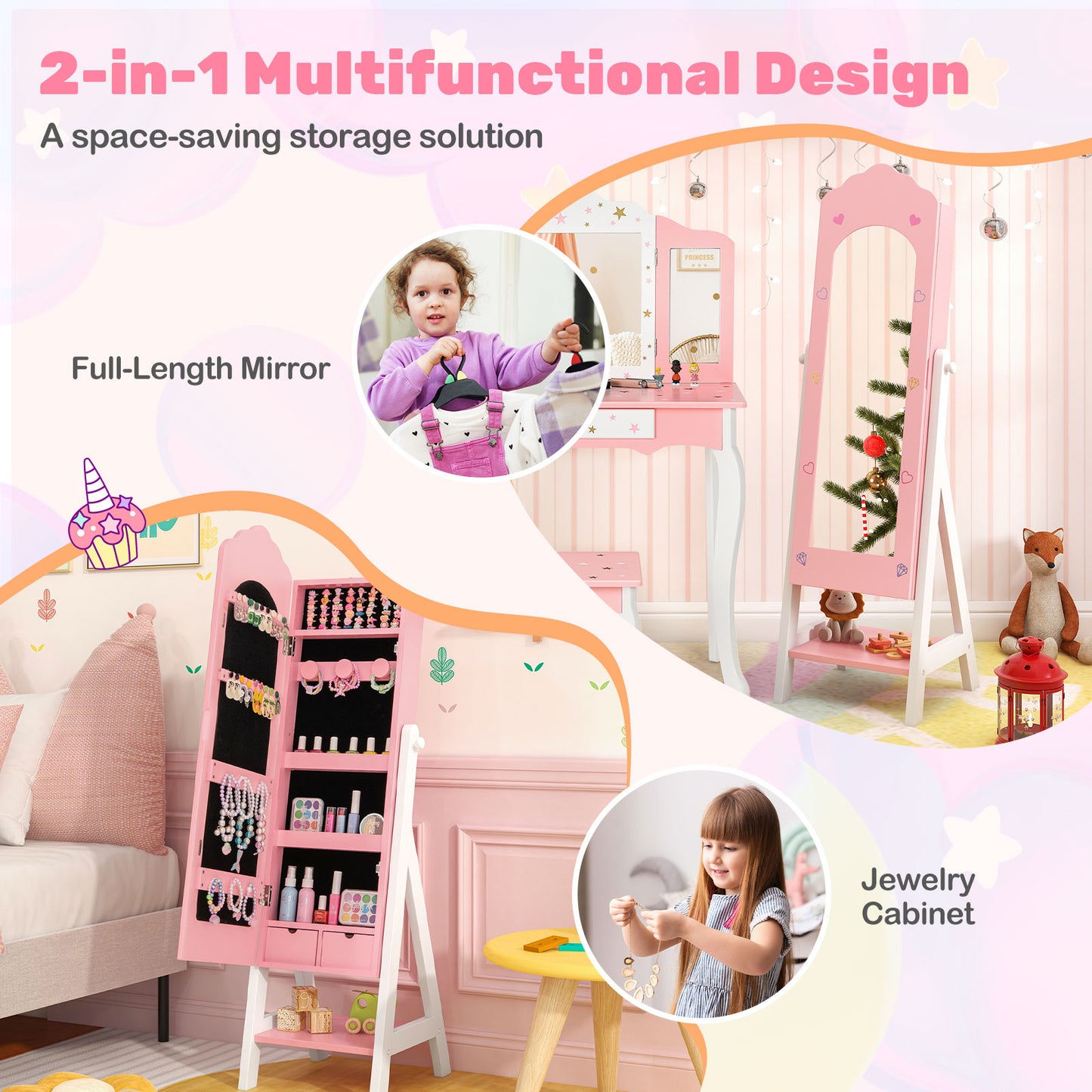 Kids Vanity Set with Jewelry Armoire and Full-Length Mirror