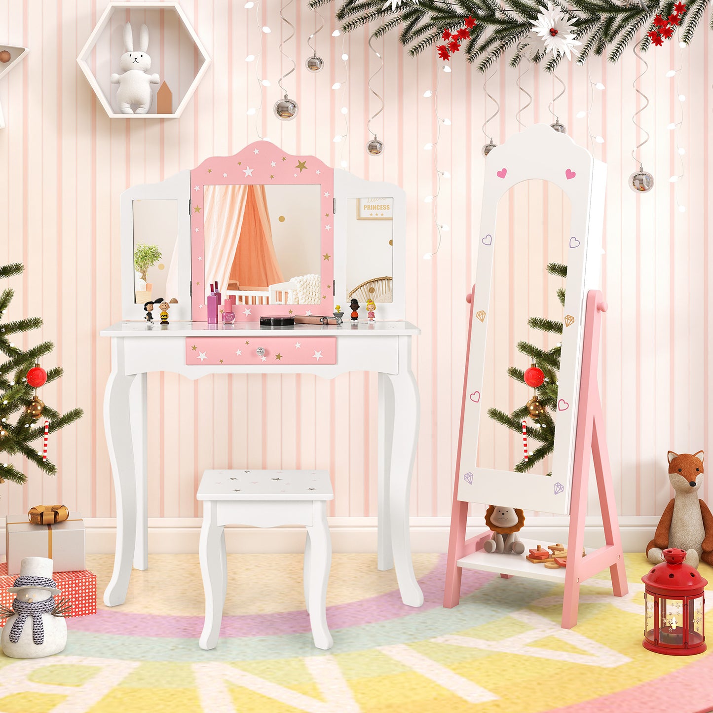 Kids Vanity Set with Jewelry Armoire and Full-Length Mirror