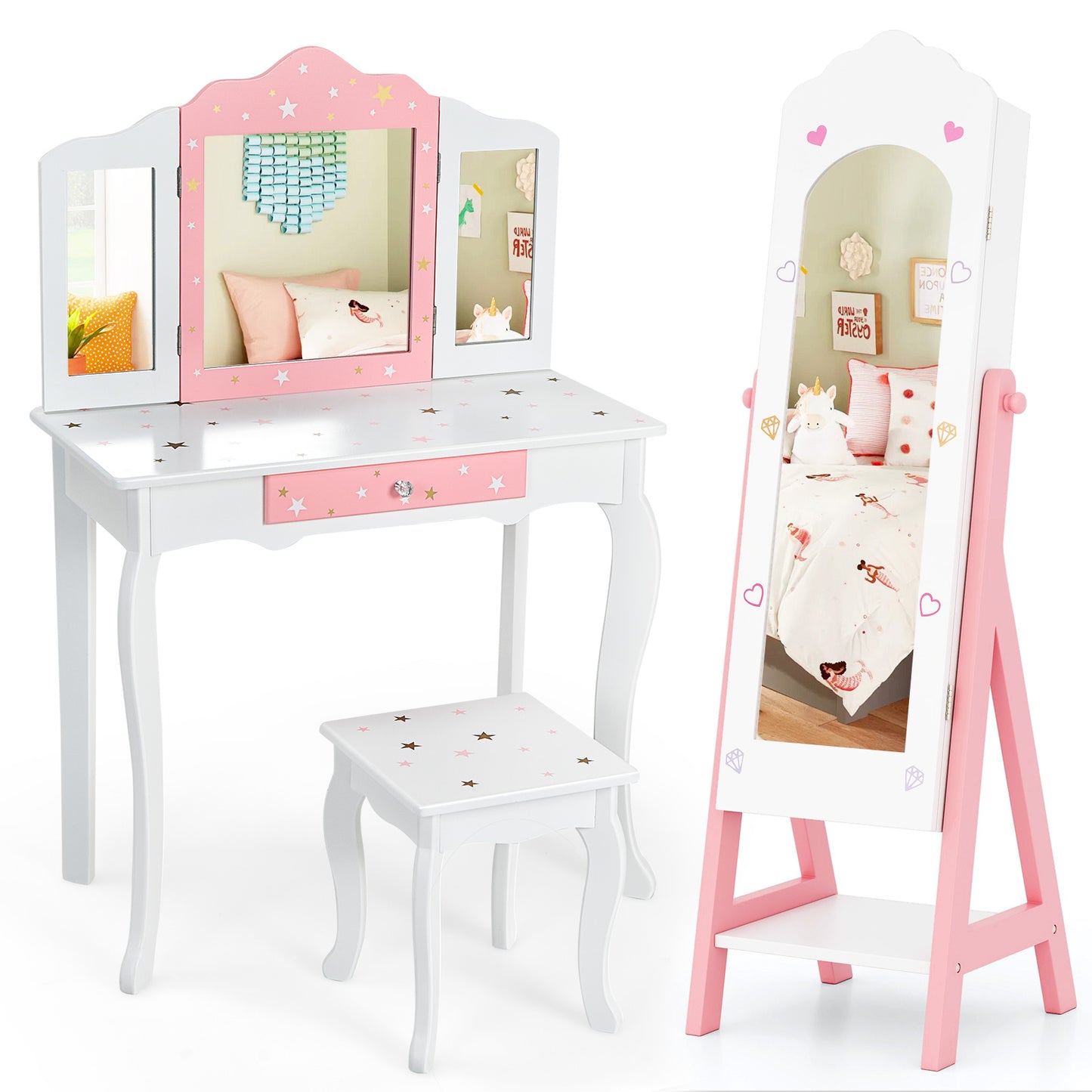 Kids Vanity Set with Jewelry Armoire and Full-Length Mirror
