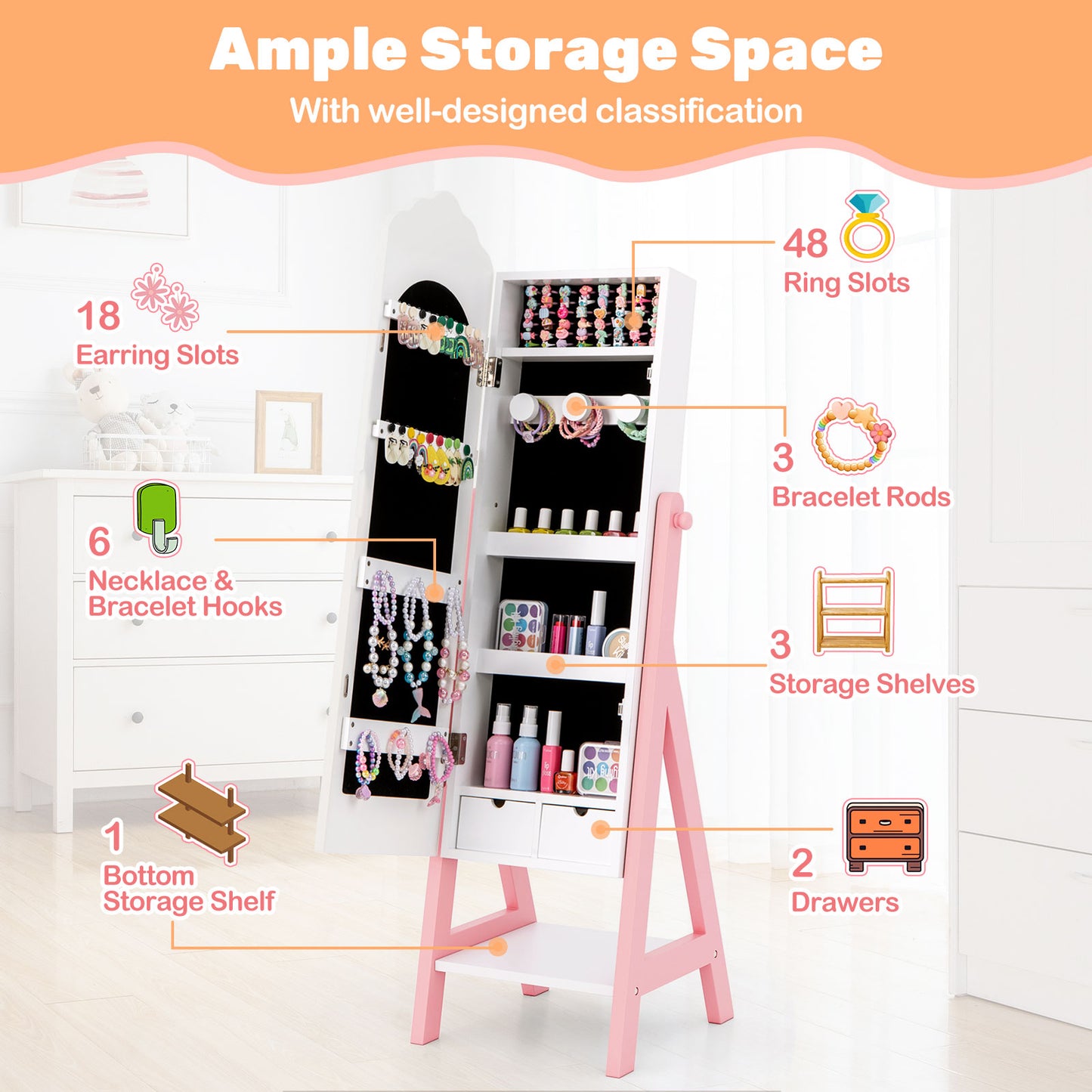 Kids Vanity Set with Jewelry Armoire and Full-Length Mirror