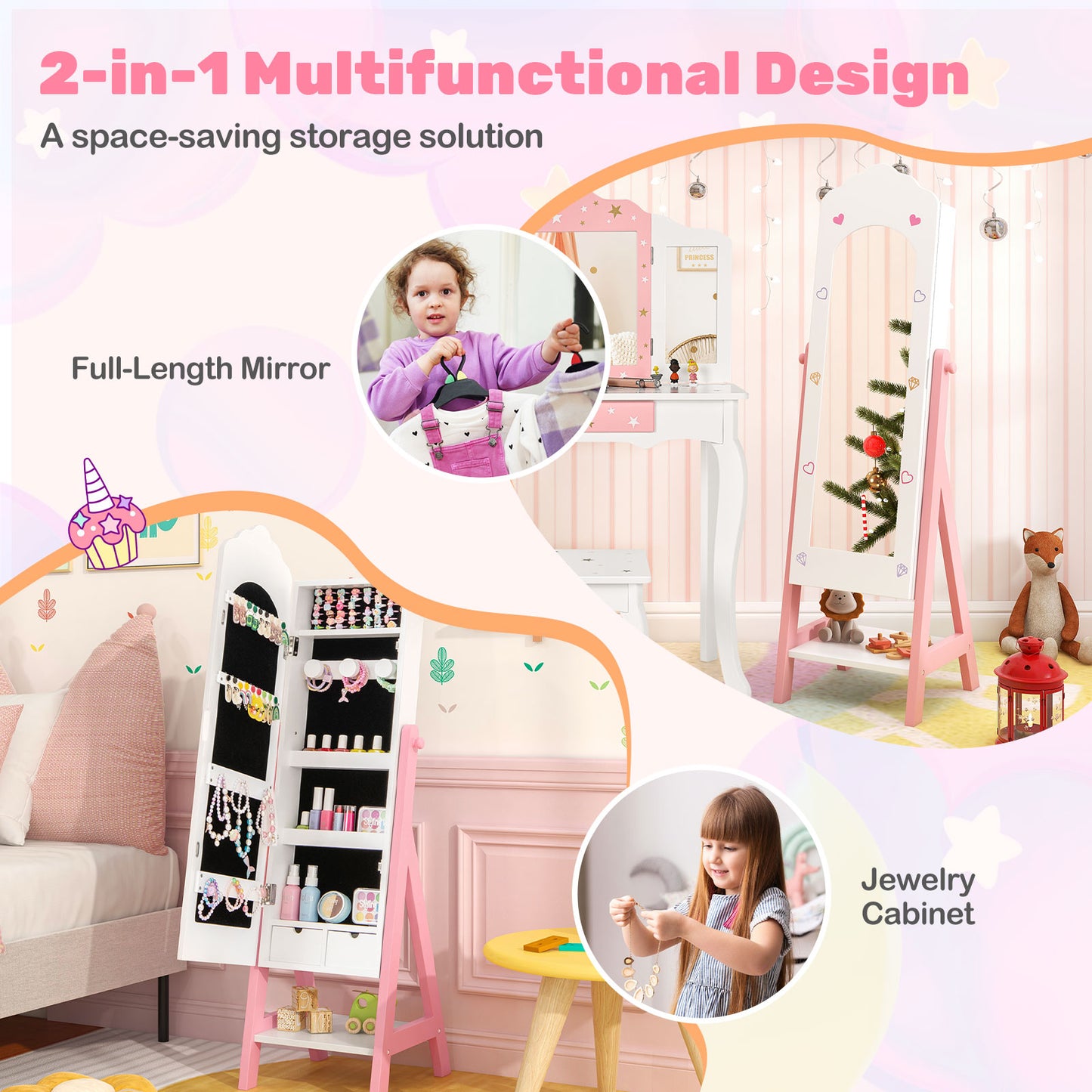 Kids Vanity Set with Jewelry Armoire and Full-Length Mirror