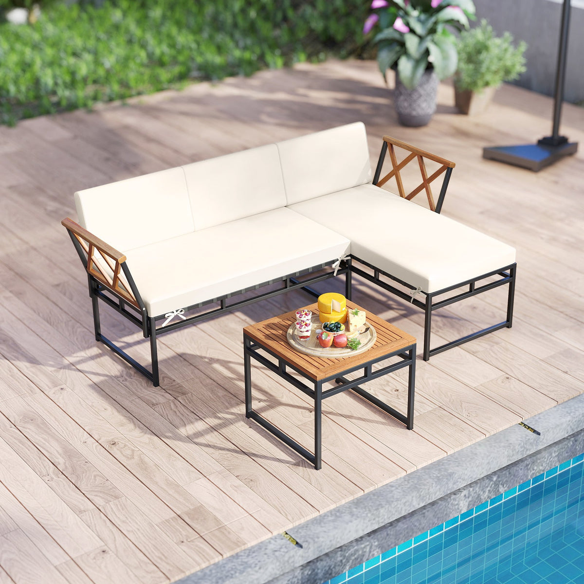 3-Piece L-Shaped Patio Furniture Set for Porch Backyard and Poolside-Beige