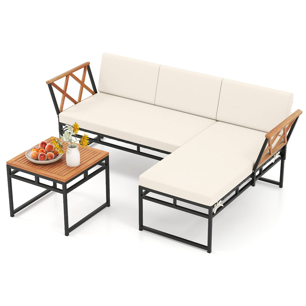 3-Piece L-Shaped Patio Furniture Set for Porch Backyard and Poolside-Beige