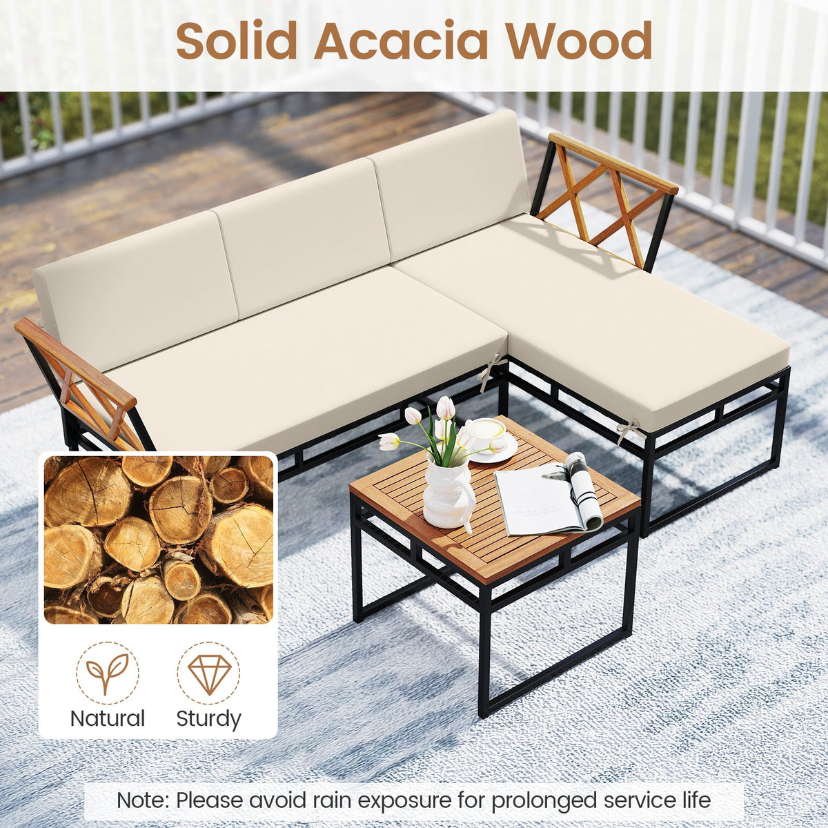 3-Piece L-Shaped Patio Furniture Set for Porch Backyard and Poolside-Beige