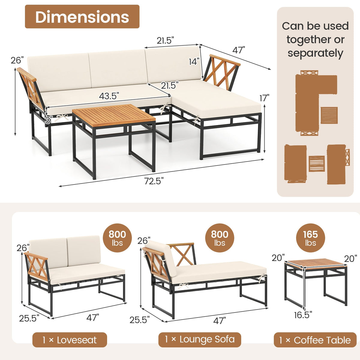 3-Piece L-Shaped Patio Furniture Set for Porch Backyard and Poolside-Beige