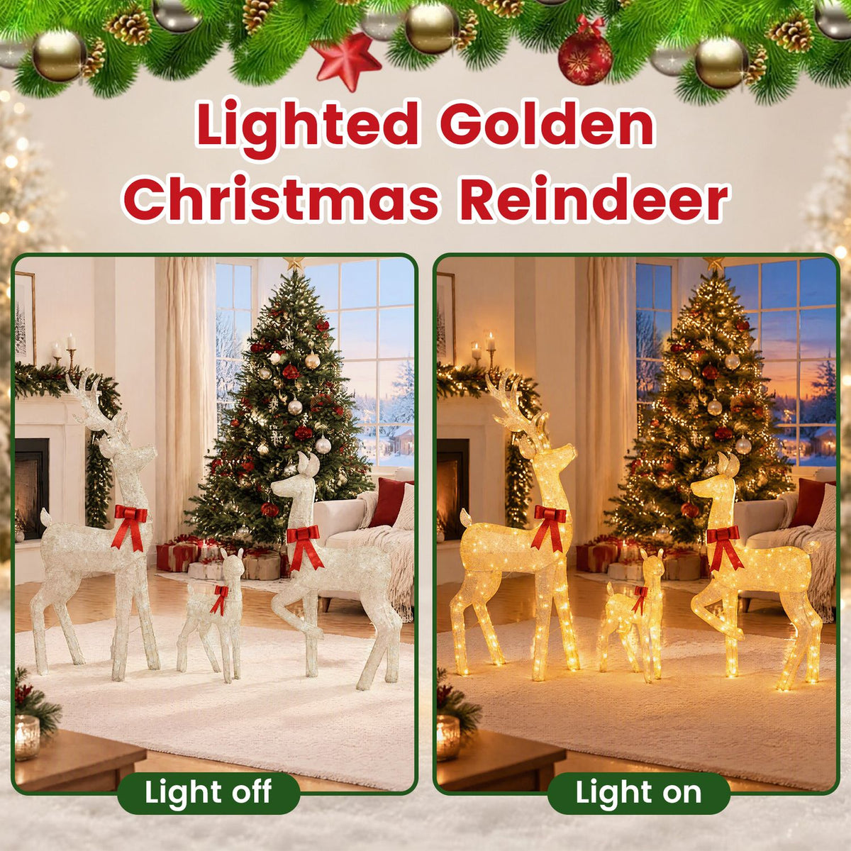 3-Piece Lighted Golden Christmas Reindeer Family Set