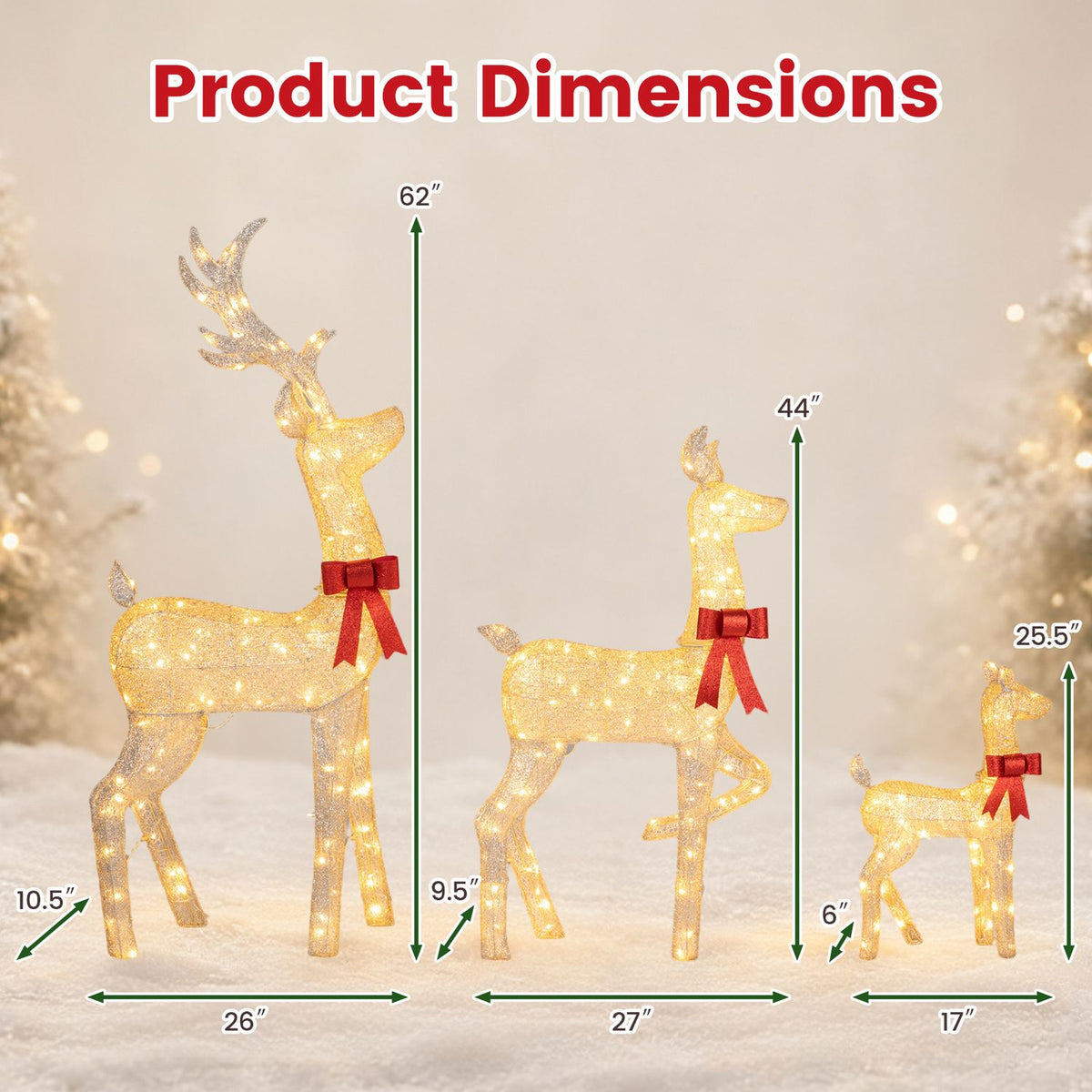 3-Piece Lighted Golden Christmas Reindeer Family Set