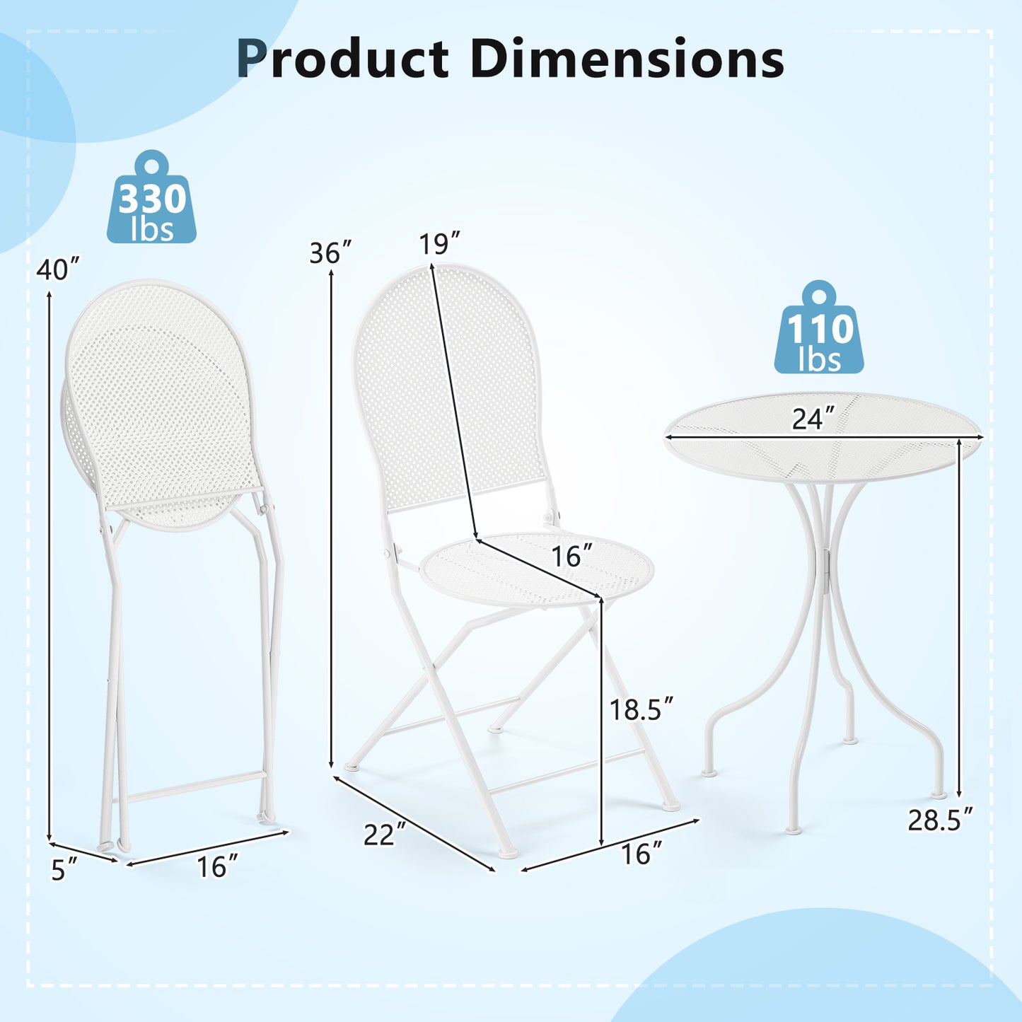 3-Piece Patio Bistro Set with Folding Chairs and Table