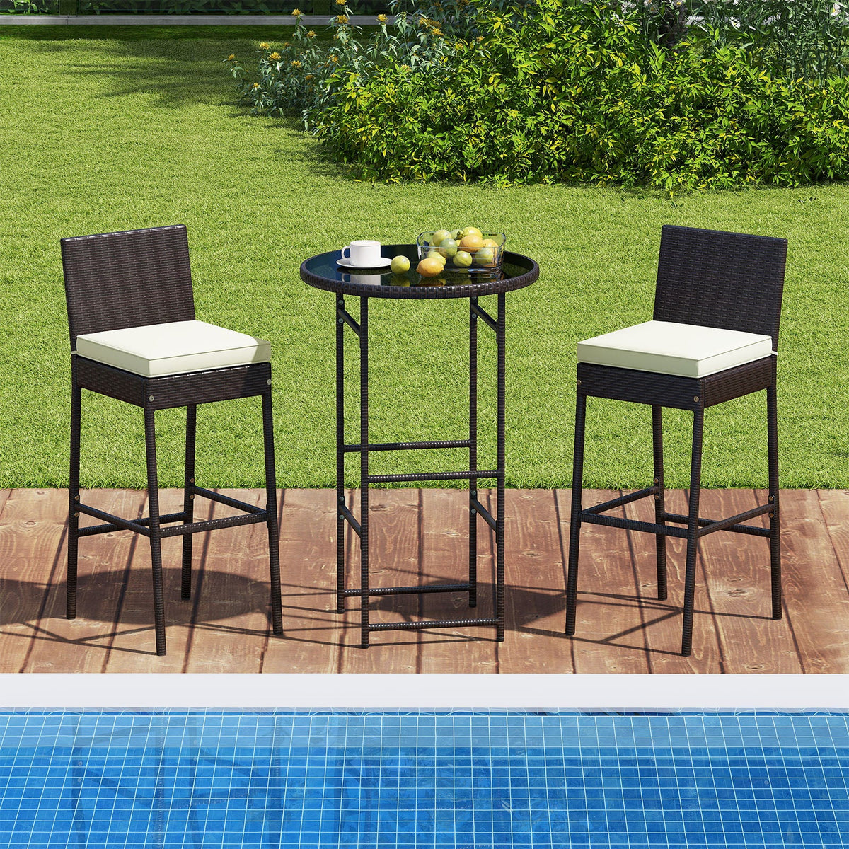3 Piece Outdoor Bar Set Patio Heavy-Duty Metal Barstool and Table Set-White
