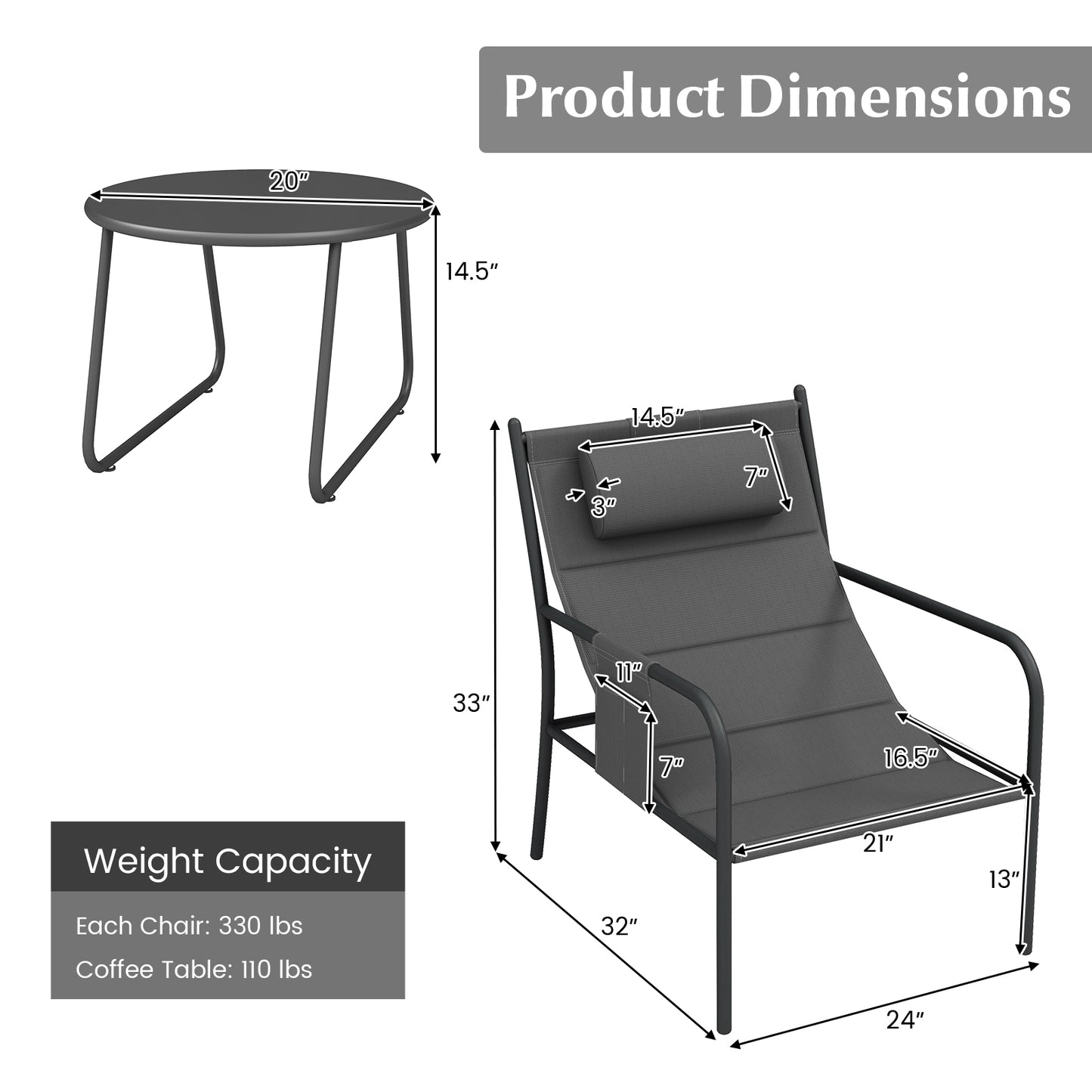 3-Piece Outdoor Bistro Set with Metal Chairs and Coffee Table