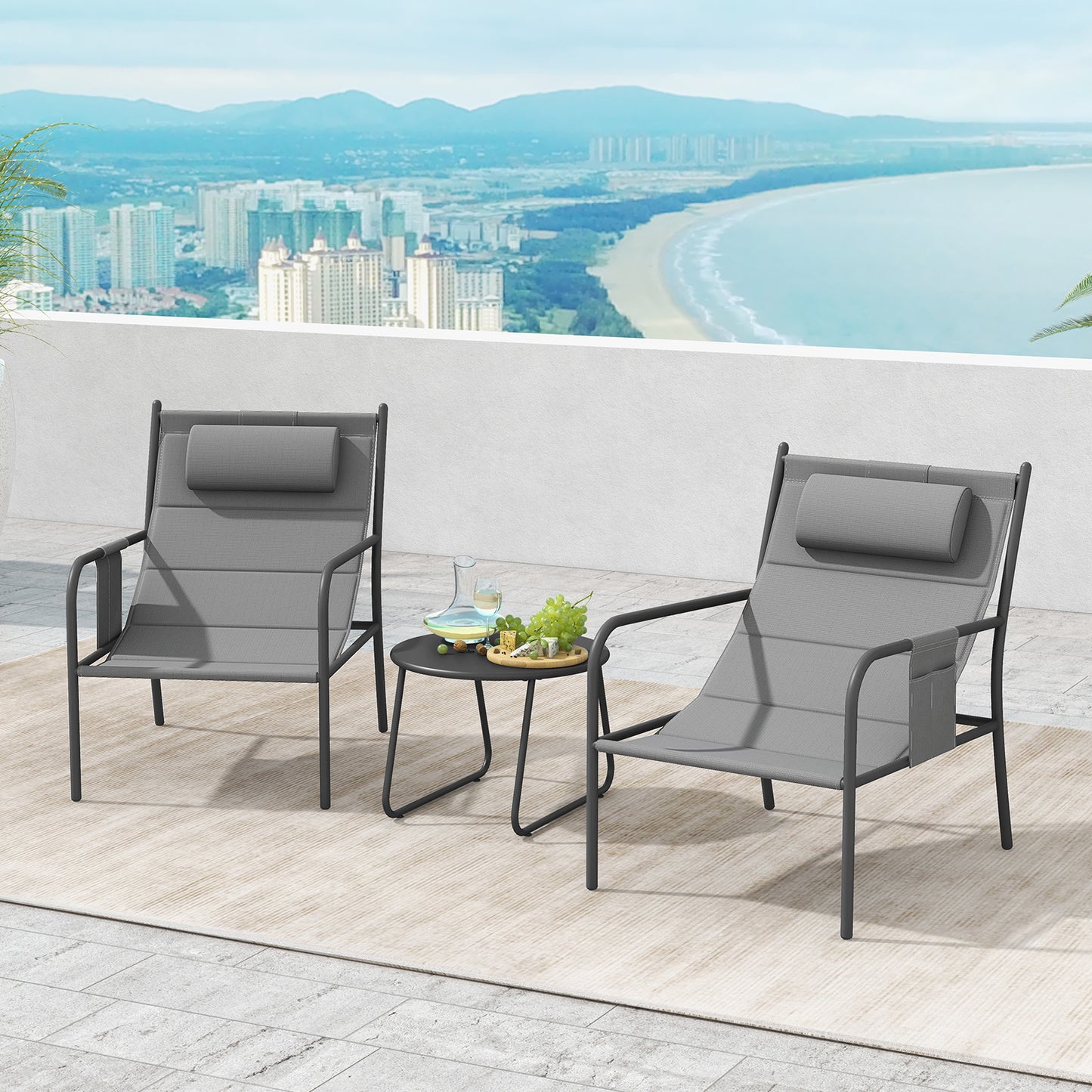 3-Piece Outdoor Bistro Set with Metal Chairs and Coffee Table