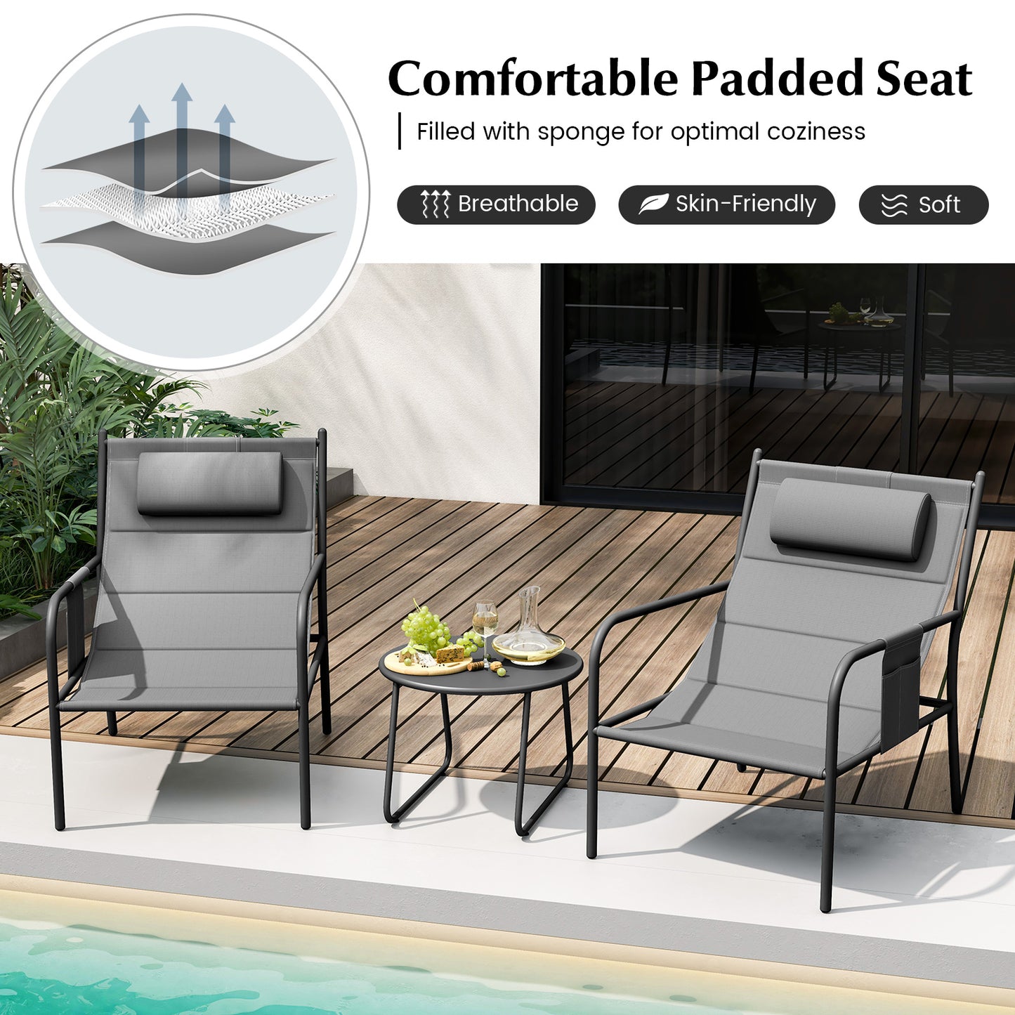 3-Piece Outdoor Bistro Set with Metal Chairs and Coffee Table