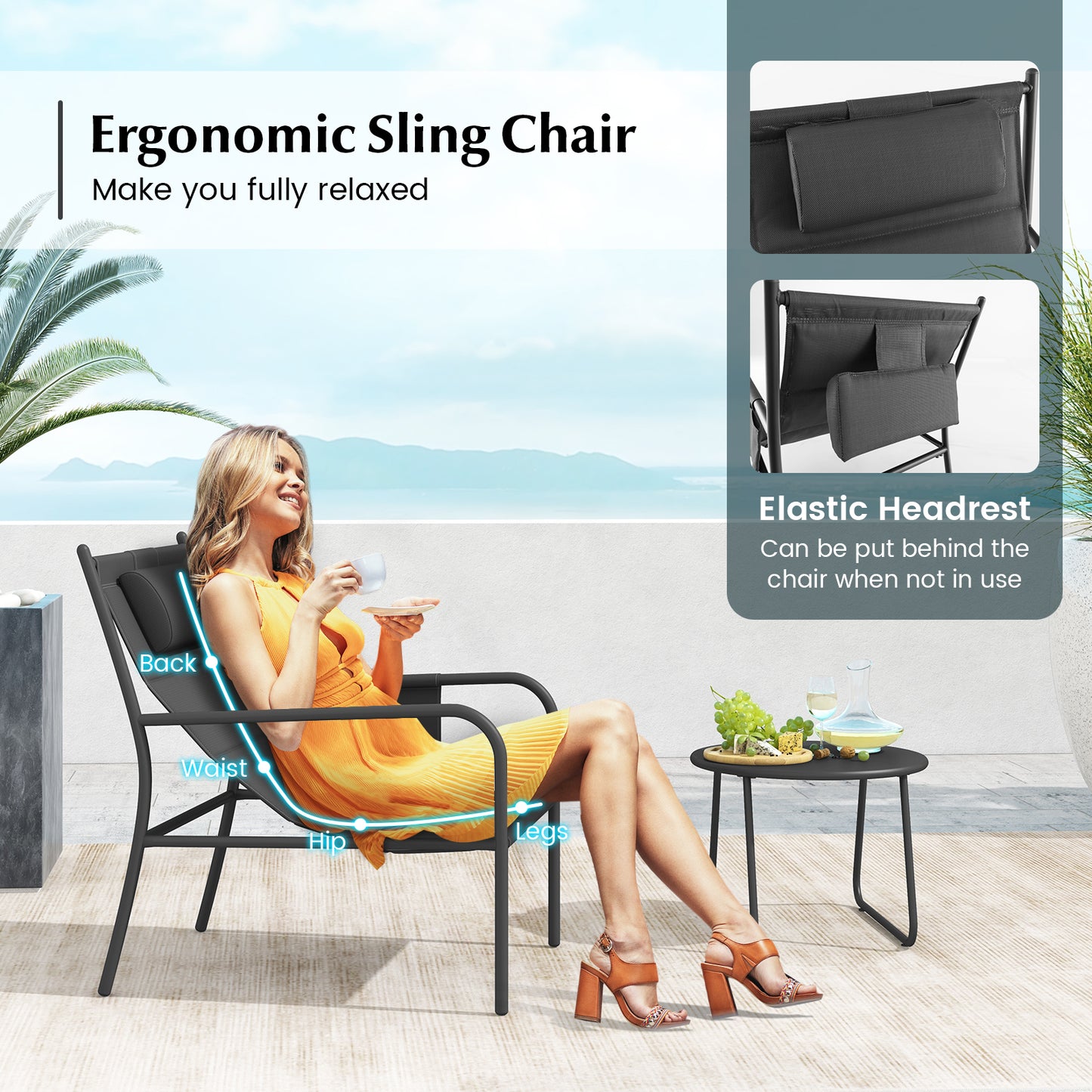 3-Piece Outdoor Bistro Set with Metal Chairs and Coffee Table