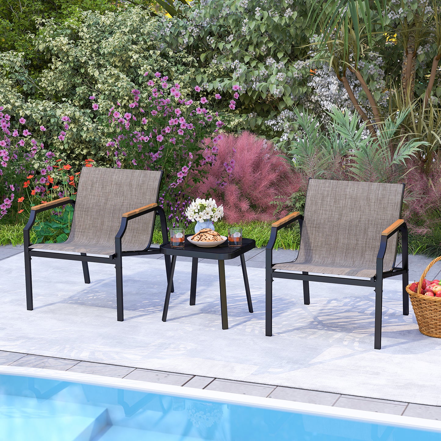 3-Piece Patio Conversation Set with Breathable Fabric Chairs