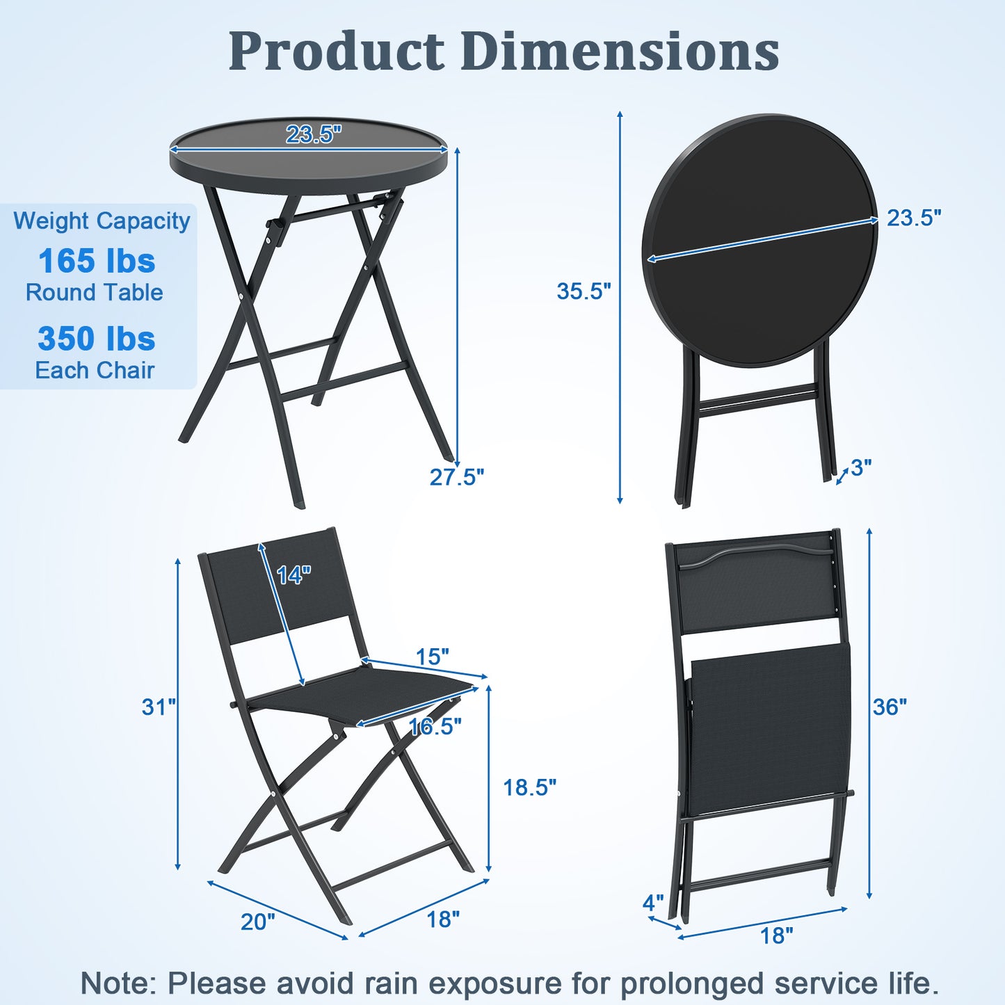 3-Piece Folding Patio Bistro Set with Glass Table