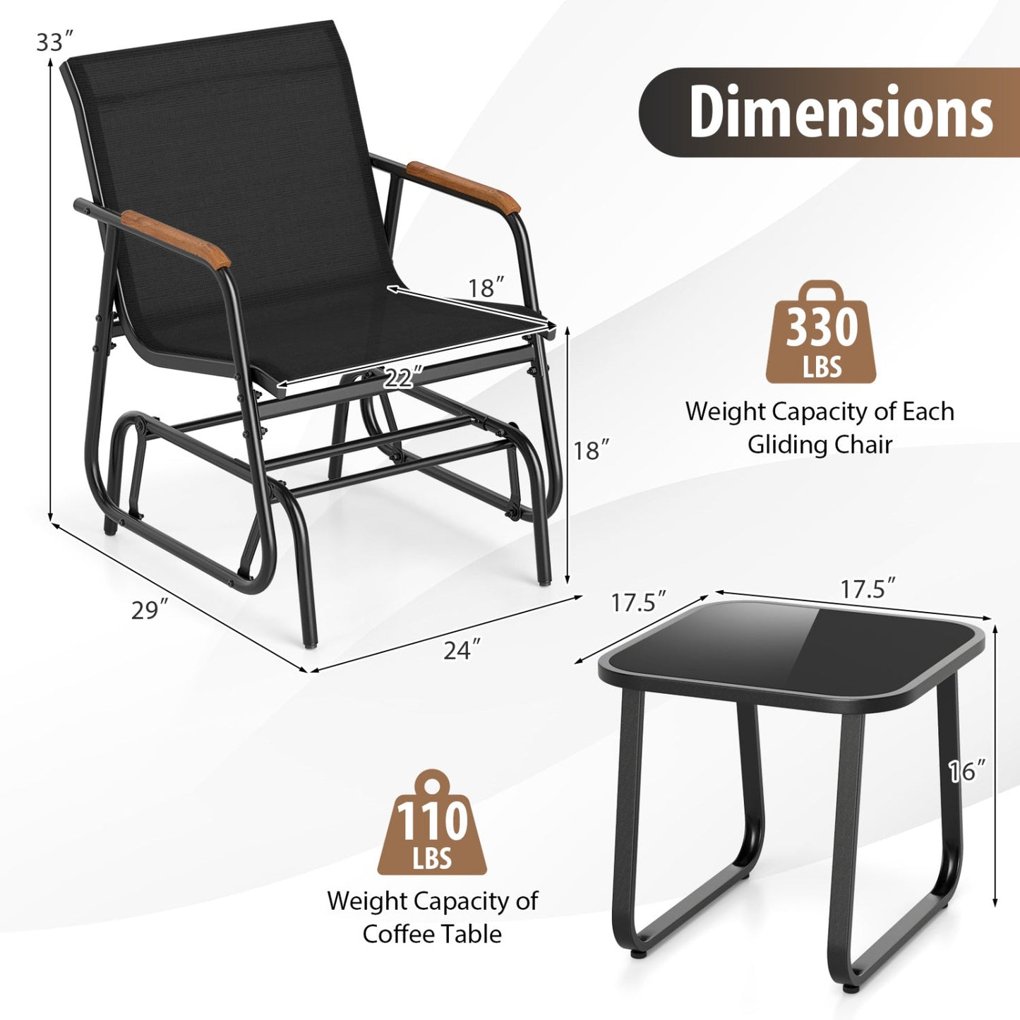 3-Piece Outdoor Glider Bistro Set with Tempered Glass Table