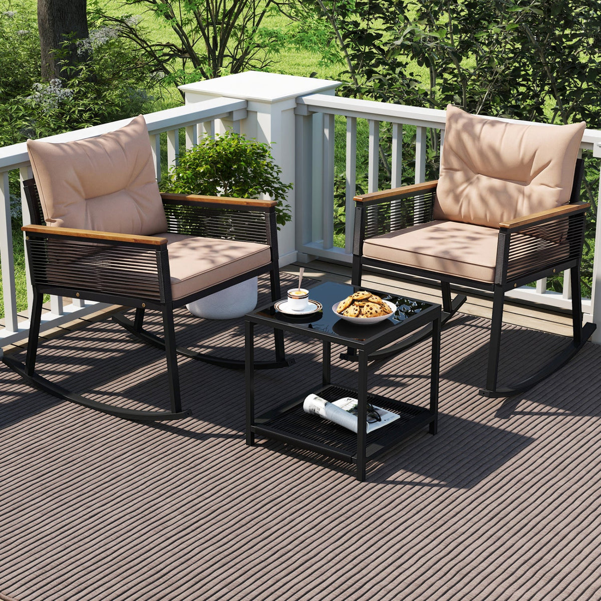 3-Piece Rocking Bistro Set with Coffee Table & Cushions