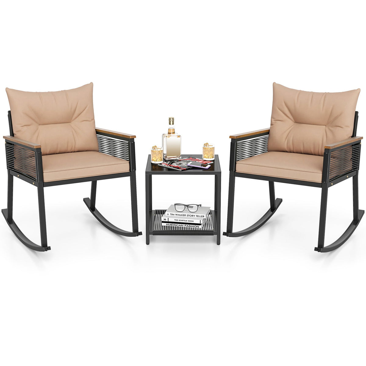 3-Piece Rocking Bistro Set with Coffee Table & Cushions