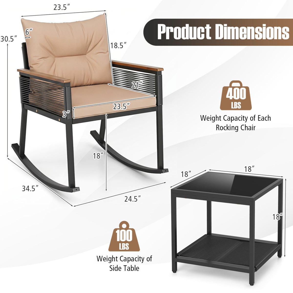 3-Piece Rocking Bistro Set with Coffee Table & Cushions