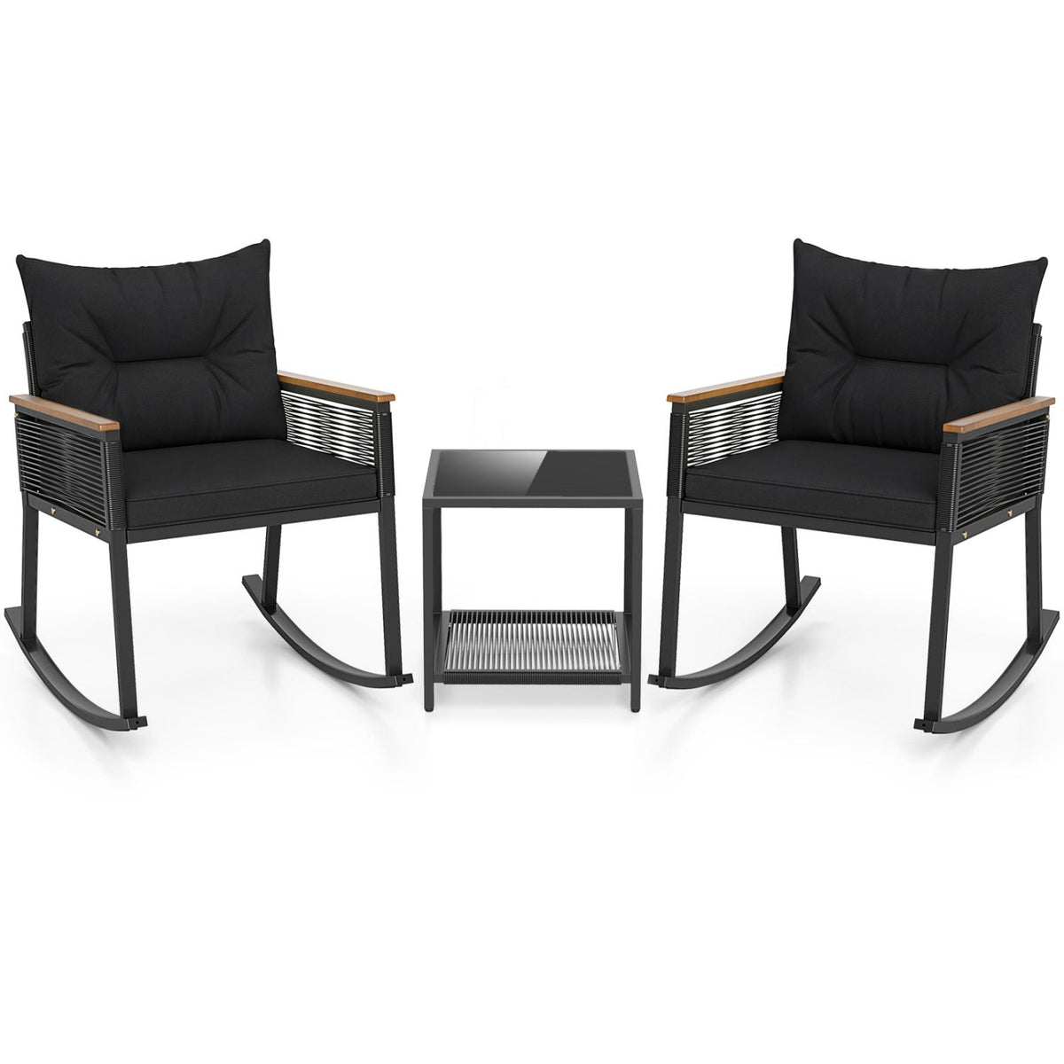 3-Piece Rocking Bistro Set with Coffee Table & Cushions