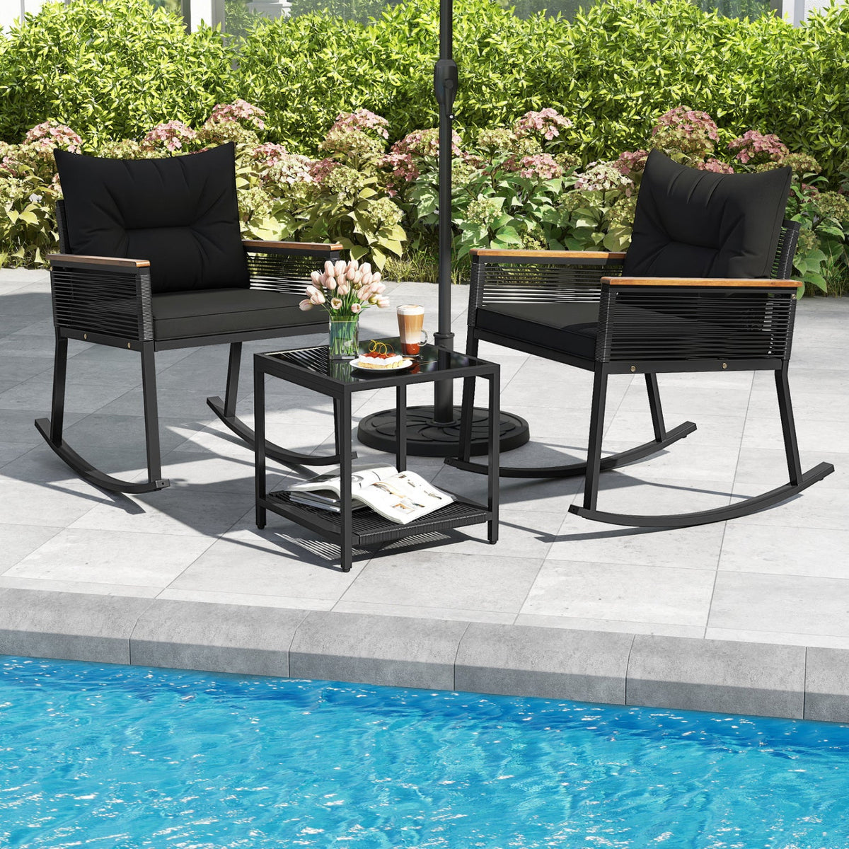 3-Piece Rocking Bistro Set with Coffee Table & Cushions