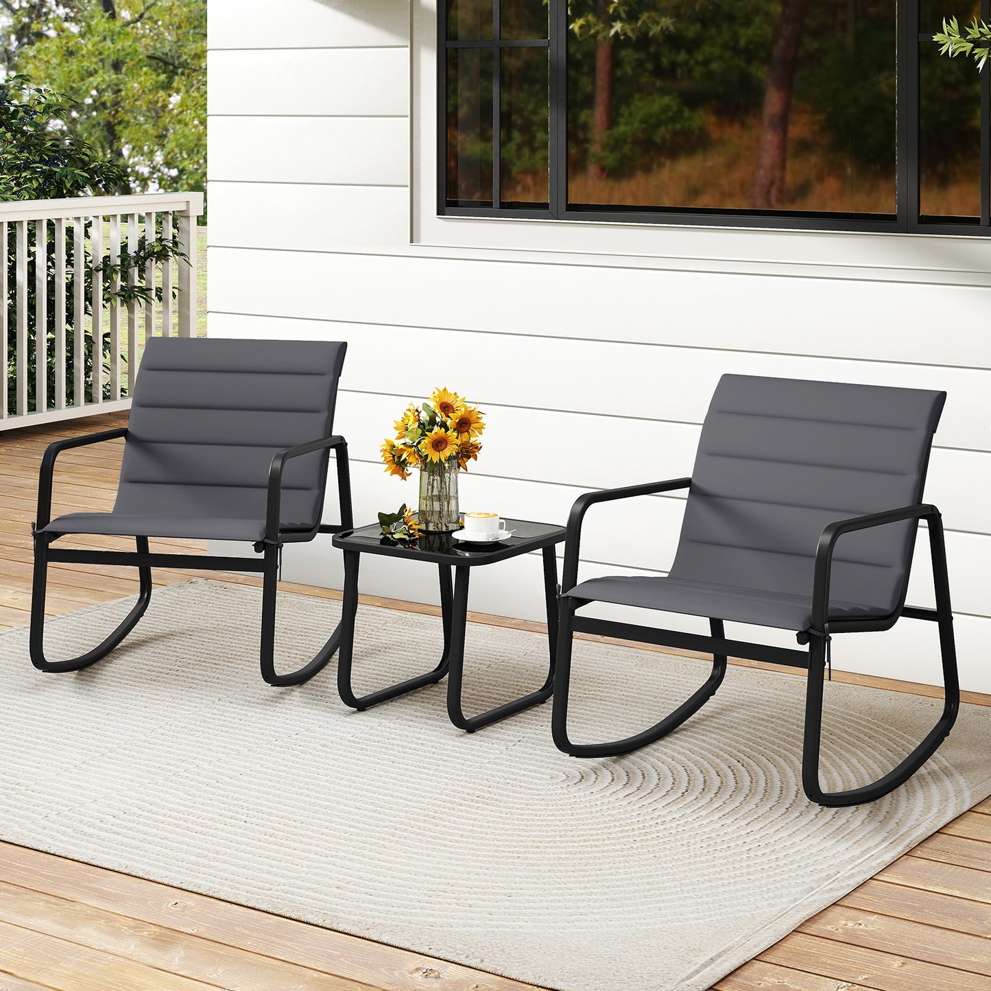 3-Piece Rocking Bistro Set with Tempered Glass Table - Gray