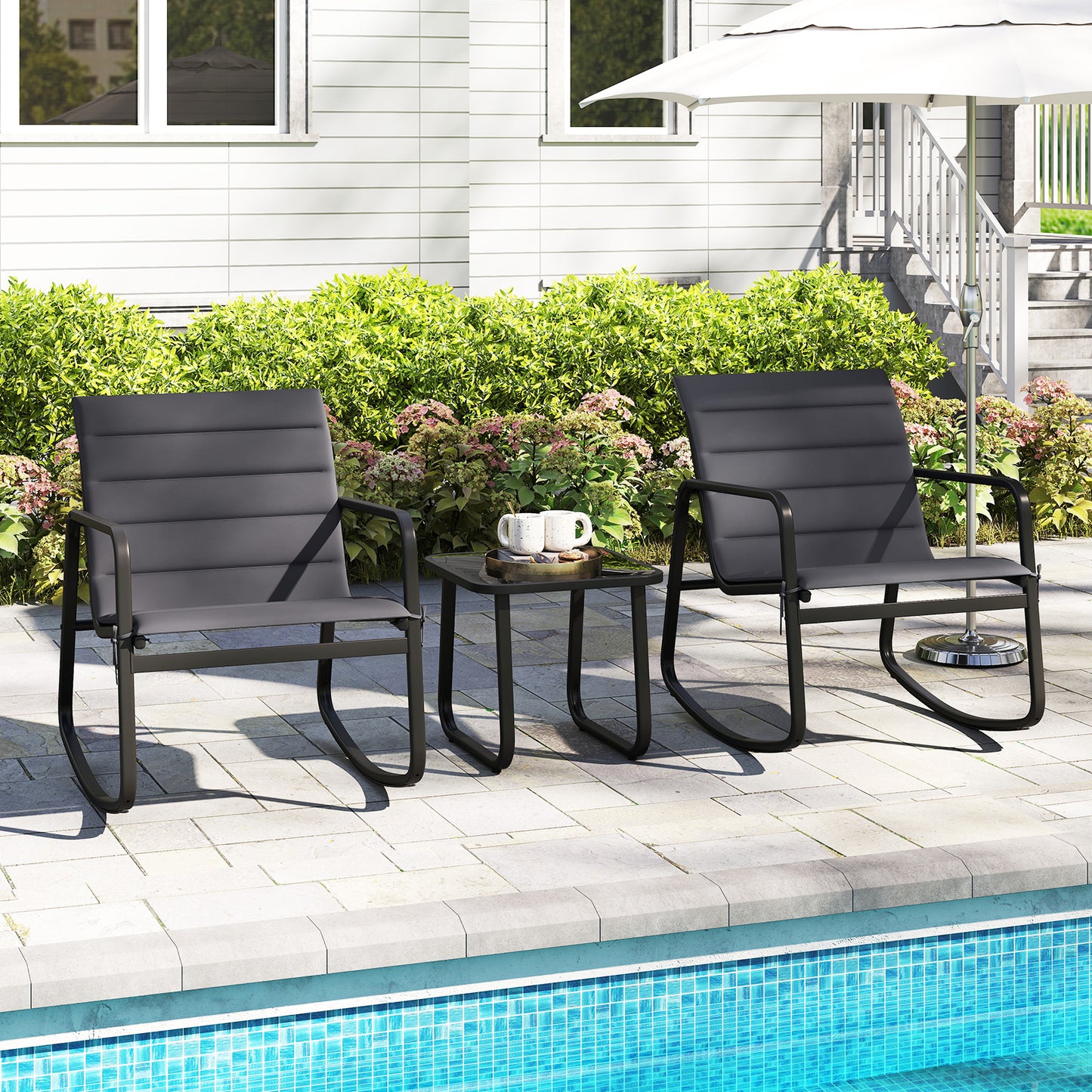 3-Piece Rocking Bistro Set with Tempered Glass Table - Gray