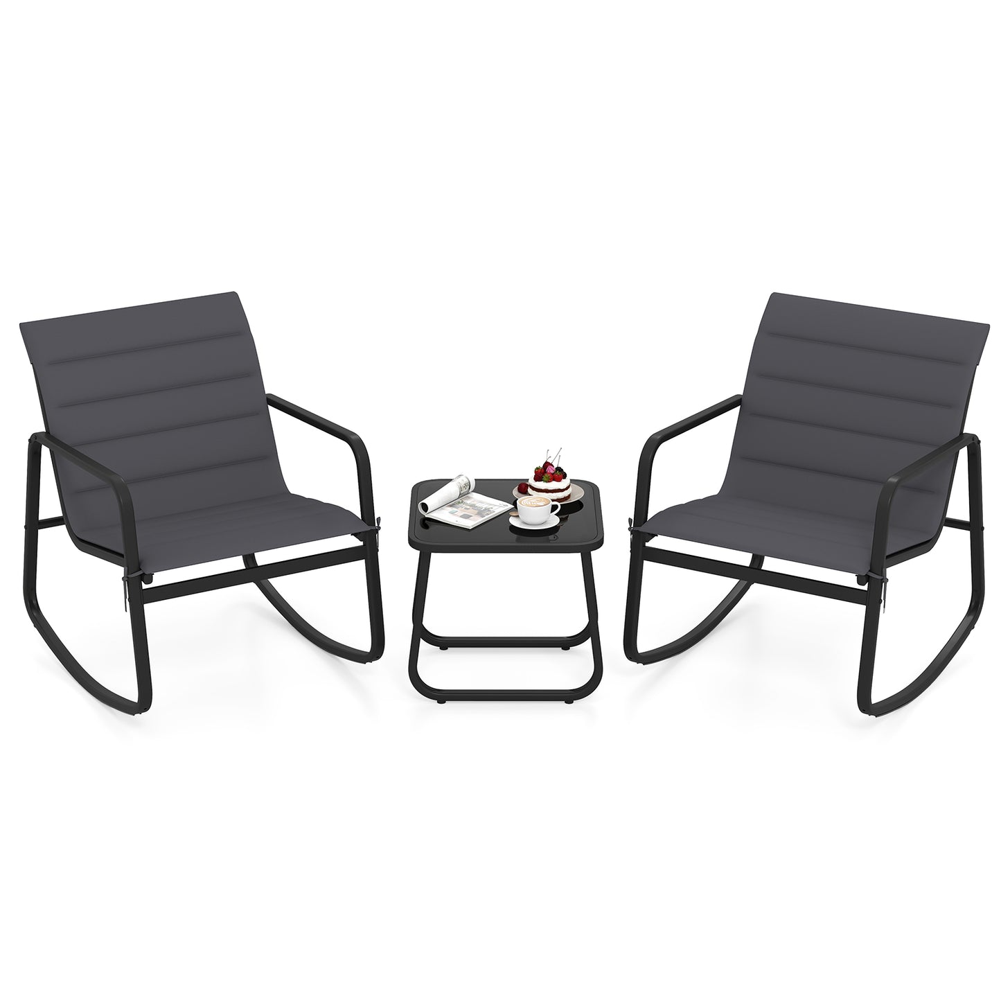 3-Piece Rocking Bistro Set with Tempered Glass Table - Gray
