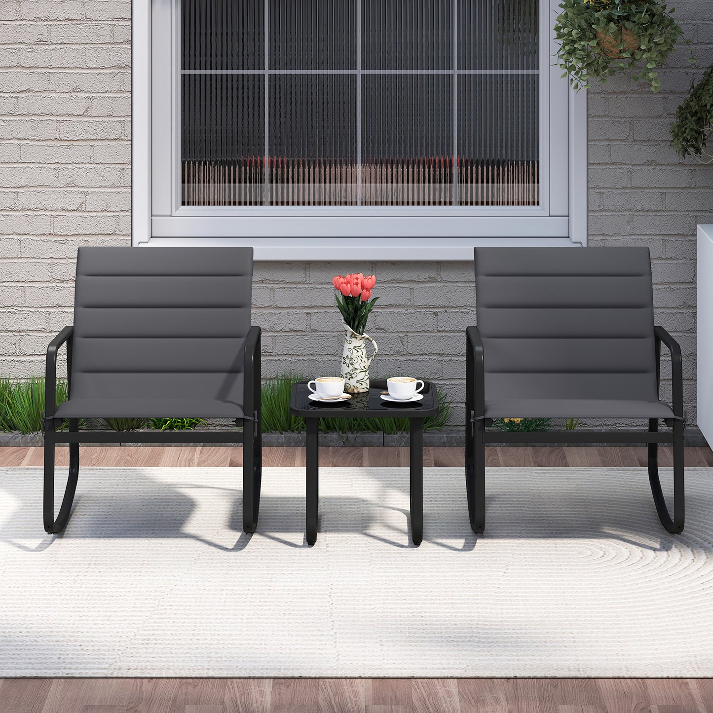 3-Piece Rocking Bistro Set with Tempered Glass Table - Gray