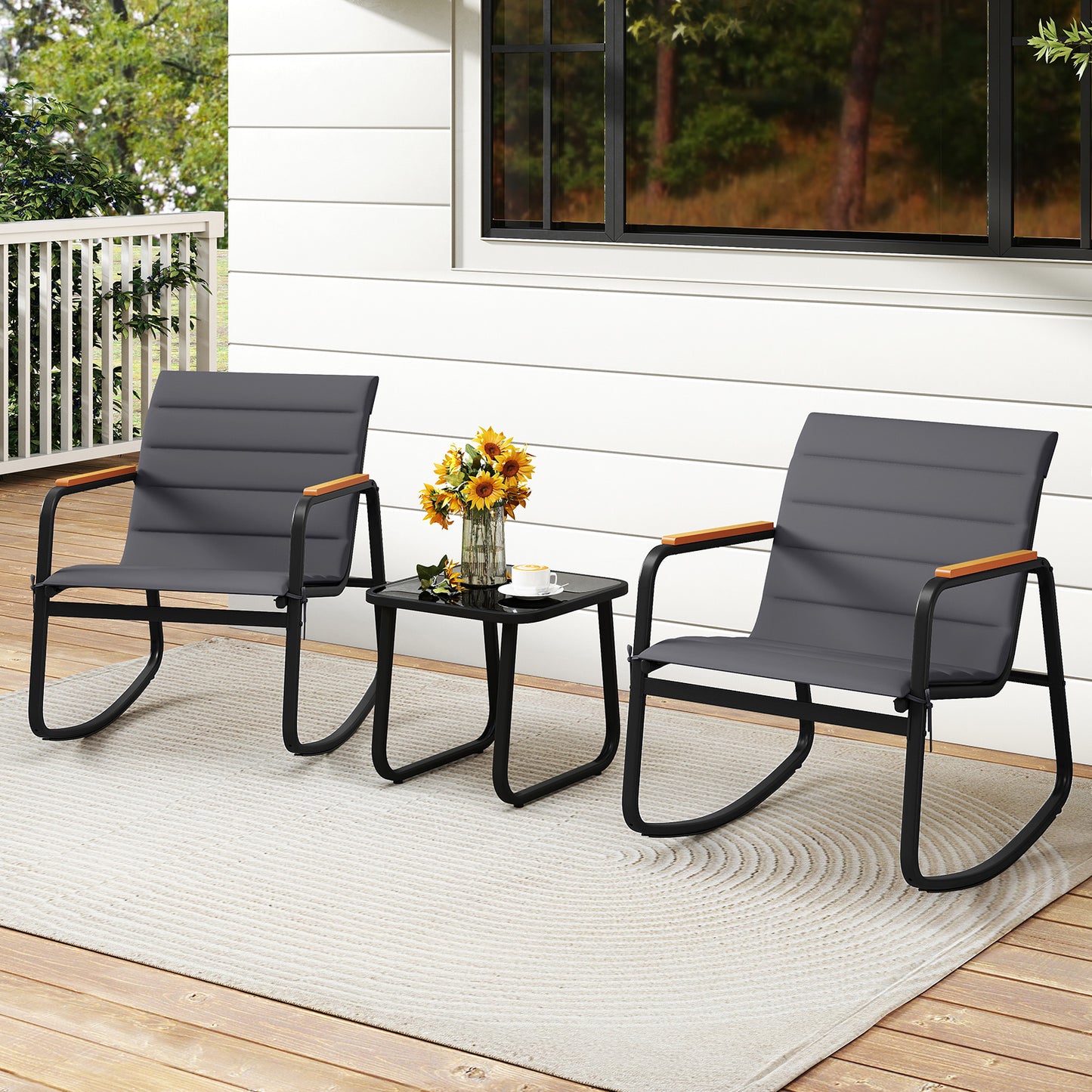 3-Piece Rocking Bistro Set with Cushions and Glass Table