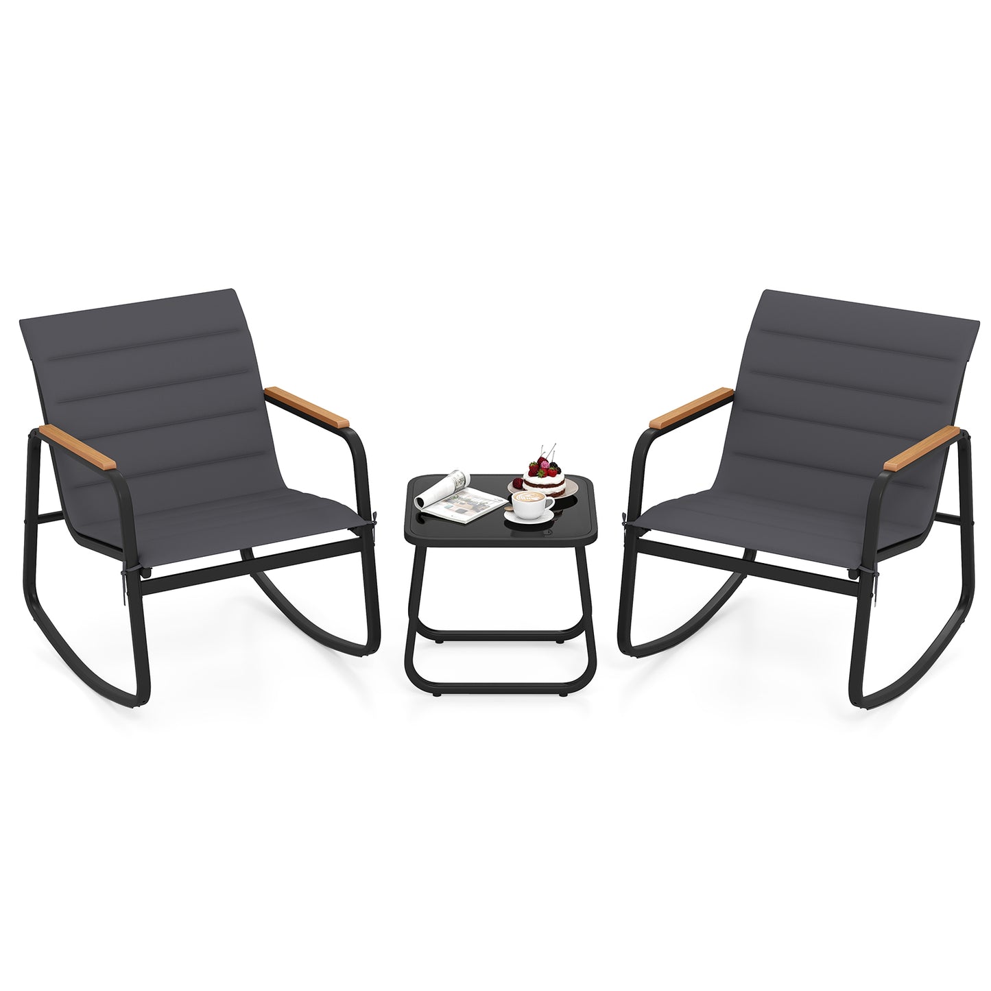 3-Piece Rocking Bistro Set with Cushions and Glass Table