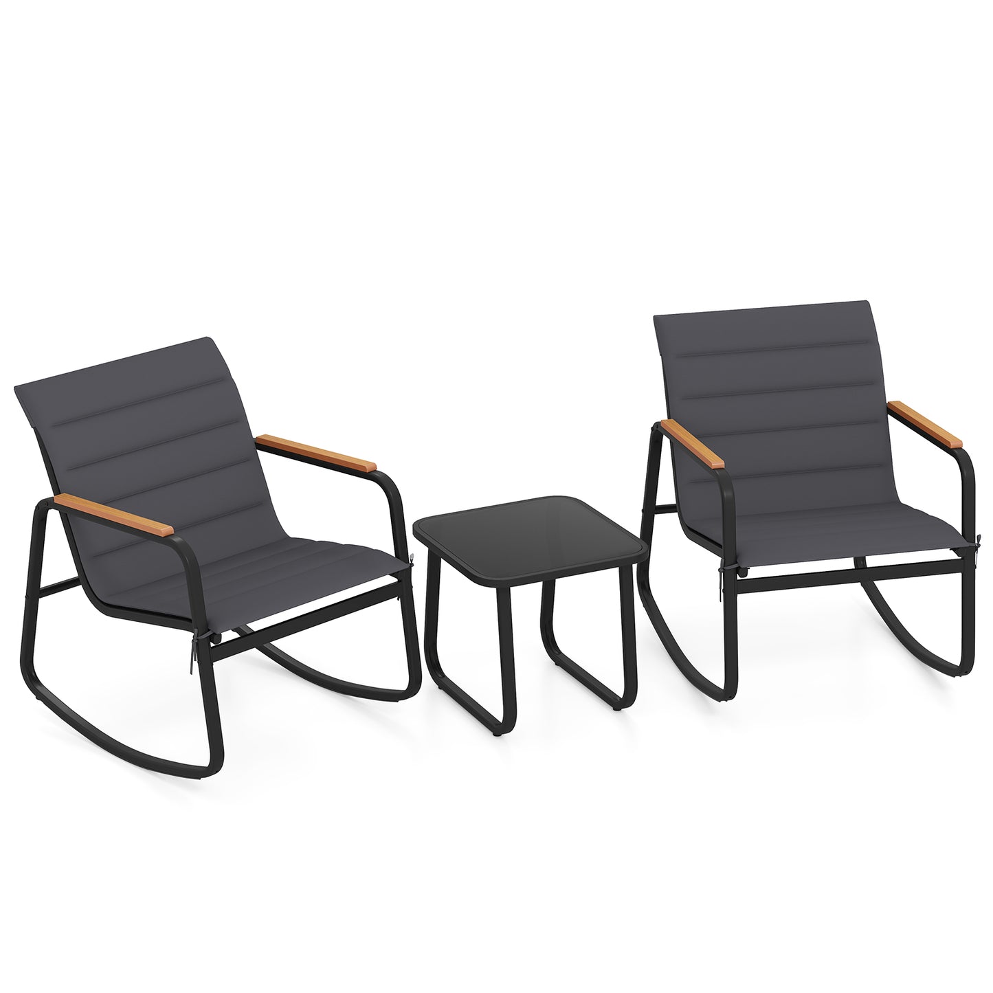3-Piece Rocking Bistro Set with Cushions and Glass Table