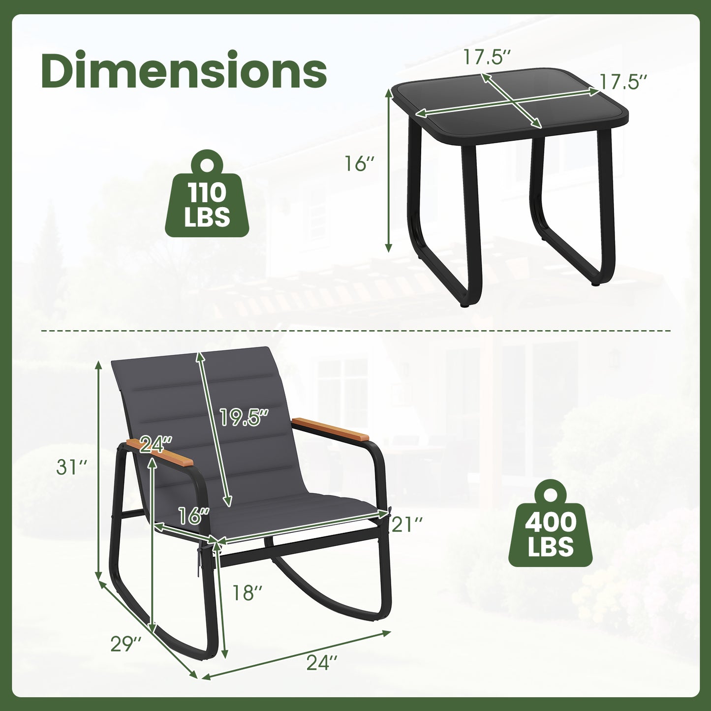 3-Piece Rocking Bistro Set with Cushions and Glass Table