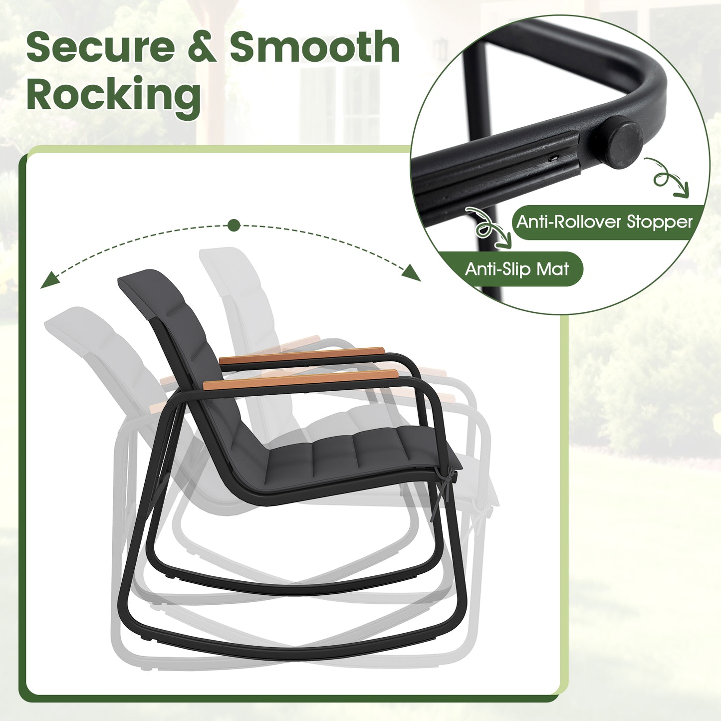 3-Piece Rocking Bistro Set with Cushions and Glass Table