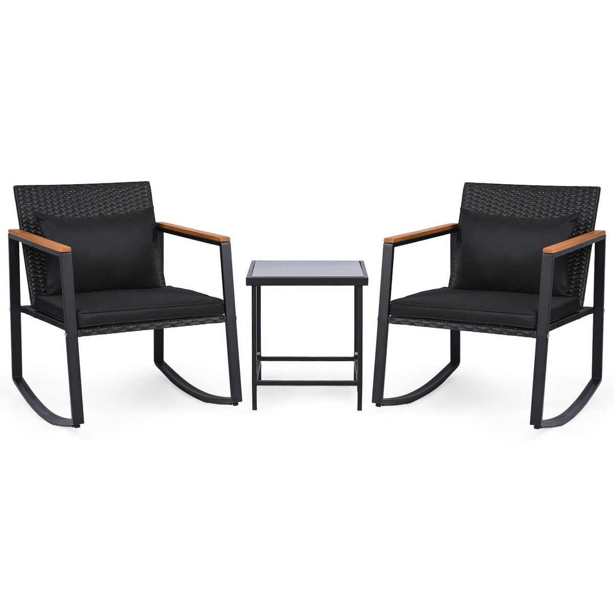 3-Piece Rocking Bistro Set with Cushions & Glass Table