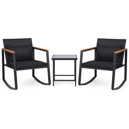 3-Piece Rocking Bistro Set with Cushions & Glass Table