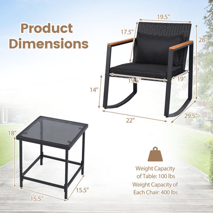 3-Piece Rocking Bistro Set with Cushions & Glass Table