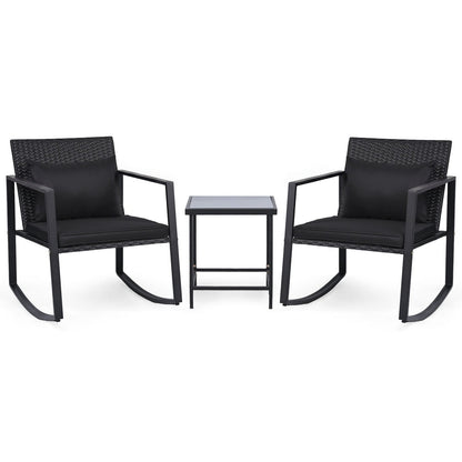 3-Piece Rocking Bistro Set with Cushions & Glass Table