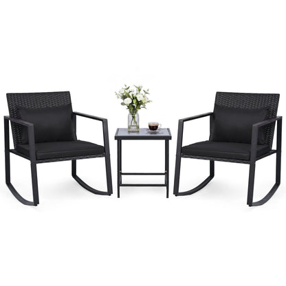 3-Piece Rocking Bistro Set with Cushions & Glass Table