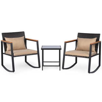 3-Piece Rocking Bistro Set with Cushions & Glass Table