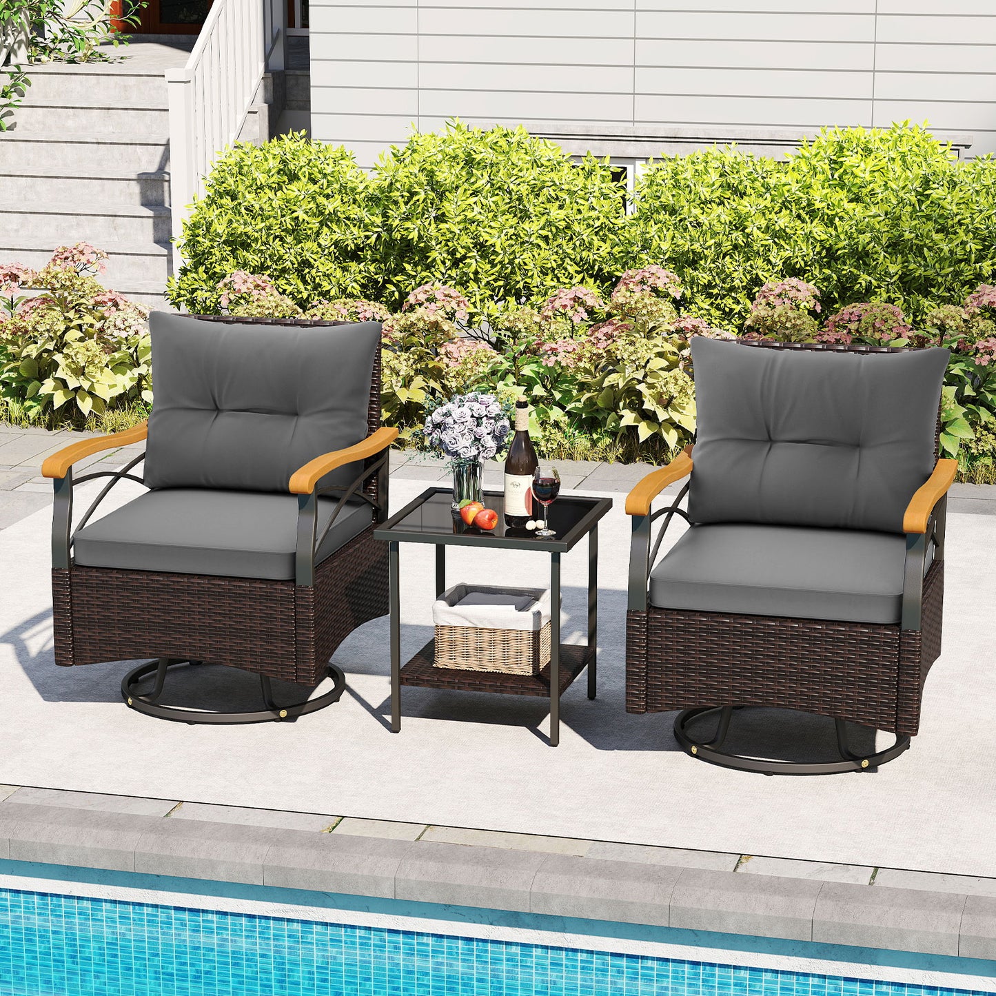 3-Piece Swivel Patio Conversation Set with Glass Side Table