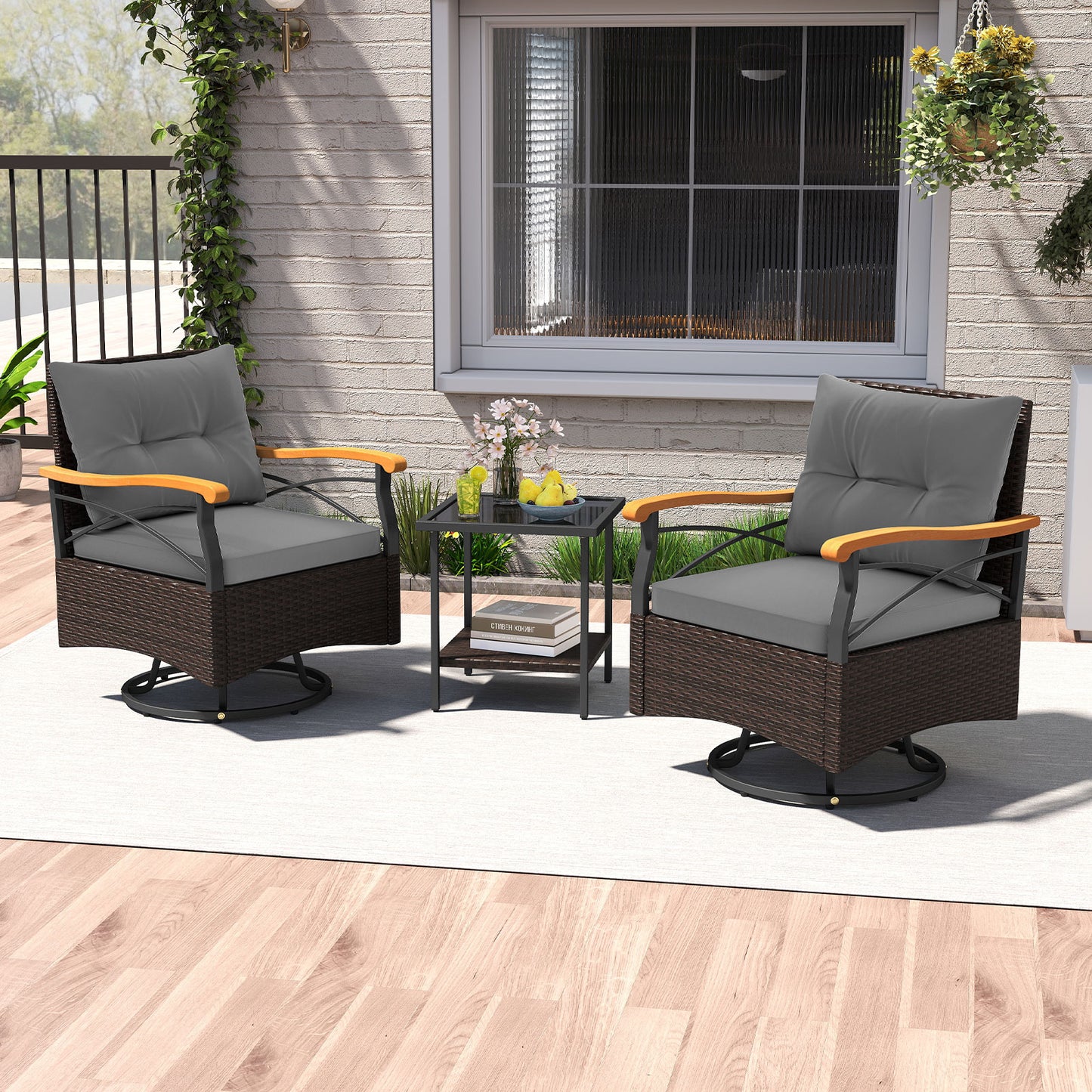 3-Piece Swivel Patio Conversation Set with Glass Side Table